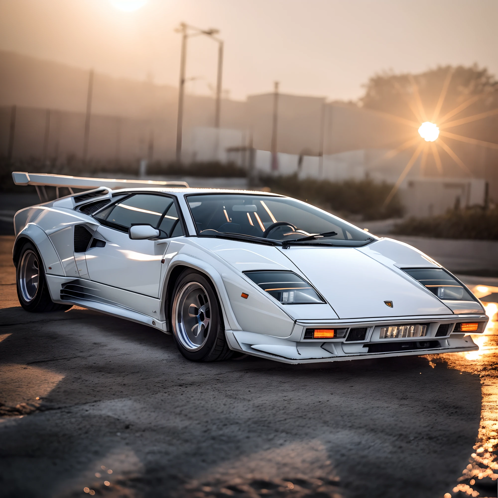 Cinematic photograph of a white 1980s Lamborghini (good composition), (in frame), centered, 8k, 4k, detailed, attractive, beautiful, impressive, photorealistic, realistic, cinematic composition, volumetric lighting, high-resolution, vivid, detailed, stunning, professional, lifelike, crisp, flawless, DSLR, 4k, 8k, 16k, 1024, 2048, 4096, detailed, sharp, best quality, high quality, highres, absurdres