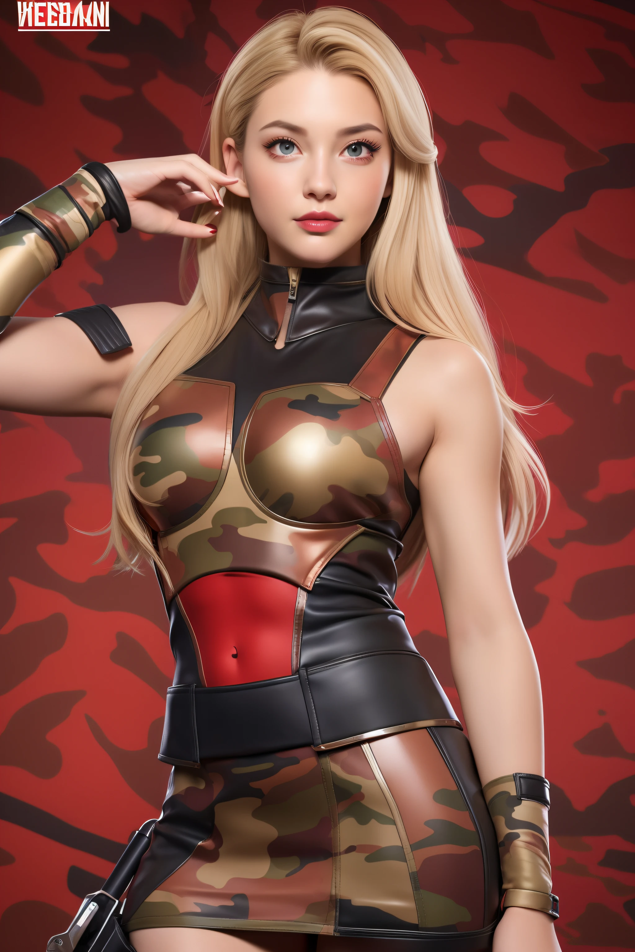 Beautiful Face Woman、a blond、Red camouflage pattern background、 Beautuful Women、18year old、prety woman、hyper realistic photography、High-definition photos、red lipsticks、Mandalorian style miniskirt suit in metal armor、The skin is not very exposed、Do not cut your head off the screen、Camouflage skirt、Facing the front、