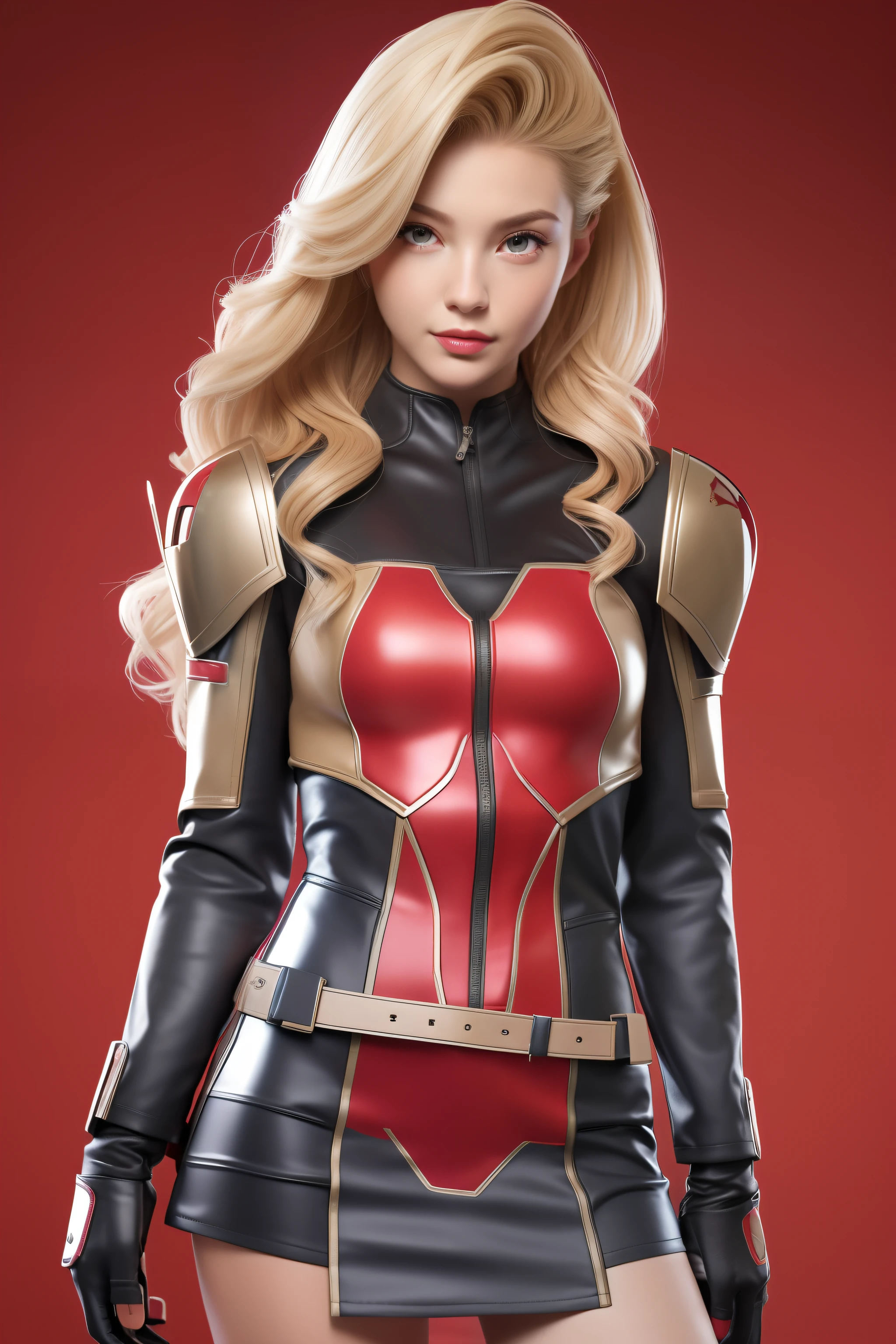 Beautiful Face Woman、a blond、Red camouflage pattern background、 Beautuful Women、18year old、prety woman、hyper realistic photography、High-definition photos、red lipsticks、Mandalorian style miniskirt suit in metal armor、The skin is not very exposed、Do not cut your head off the screen、Camouflage skirt、Facing the front、