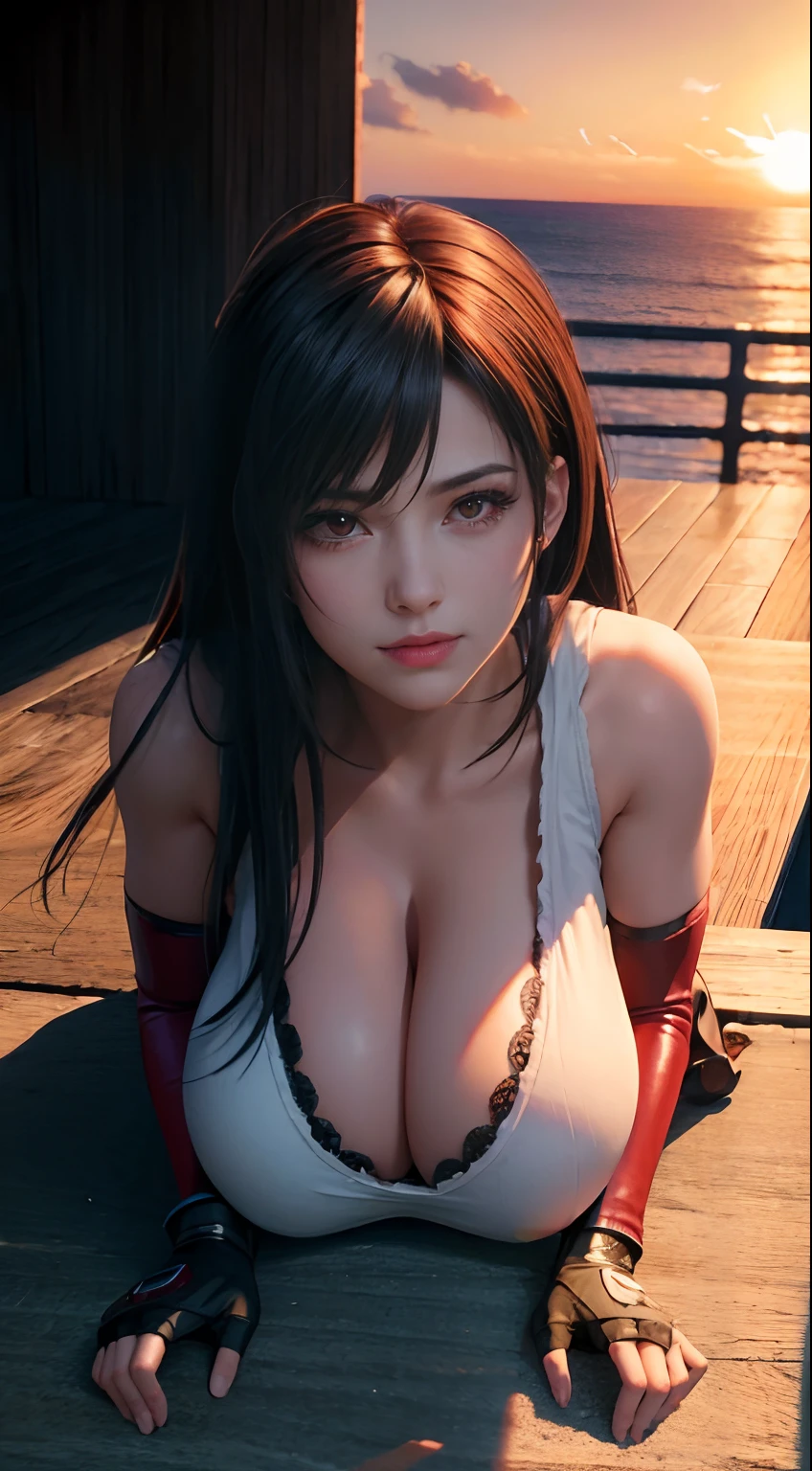 Tifa lockhart, tifa_lockhart,  ff7, sultry face, (black long hair), hair bangs (red eyes:1.3) long eyelashes, beautiful red eyes with brightness, surrealism, shadow, stereogram, (photorealistic, realistic: 1.2), POV, atmospheric perspective, cinematic lighting, ray tracing, 8k, super detail, best quality, masterpiece, well detailed, (Canan EOS R6, 135mm, 1/1250s, f/2.8, ISO 400:0.9), on a beach, sunset sky, red combat gloves, big breasts, slim, large boobs, huge boobs, (((ridiculously large breasts))), (absurdly huge breasts:1.5), ((gigantomastia)), ((macromastia)), (((gigantic breasts))), (((((enormous breast))))), white bikini