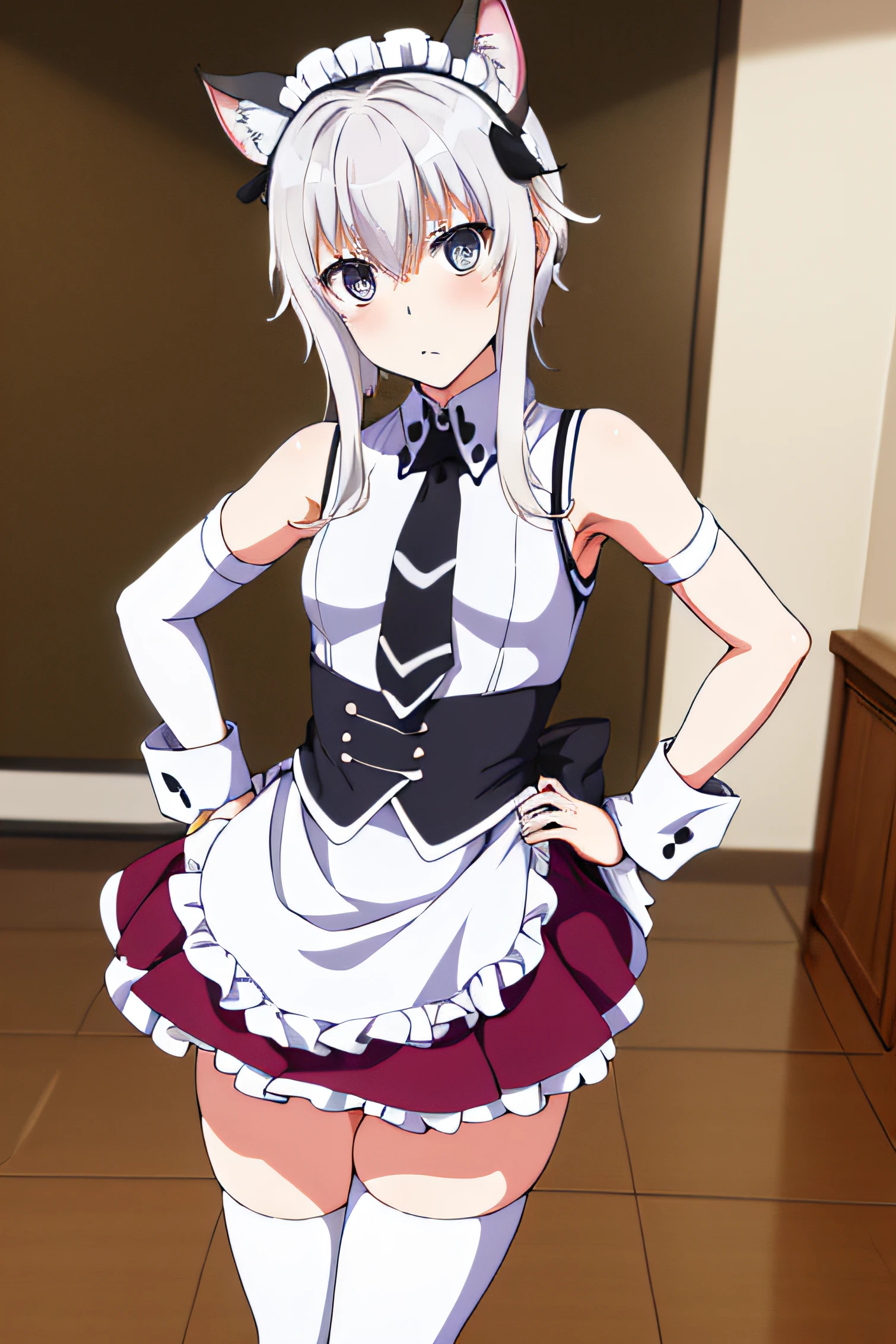 masterpiece, best quality, highres, Toujo koneko, cabelo branco, orelha de gato branco, solo,animal ears, white thighhighs, maid headdress, detached sleeves, black skirt, white apron, sleeveless shirt, white shirt, black necktie, frilled apron, hand on hip,