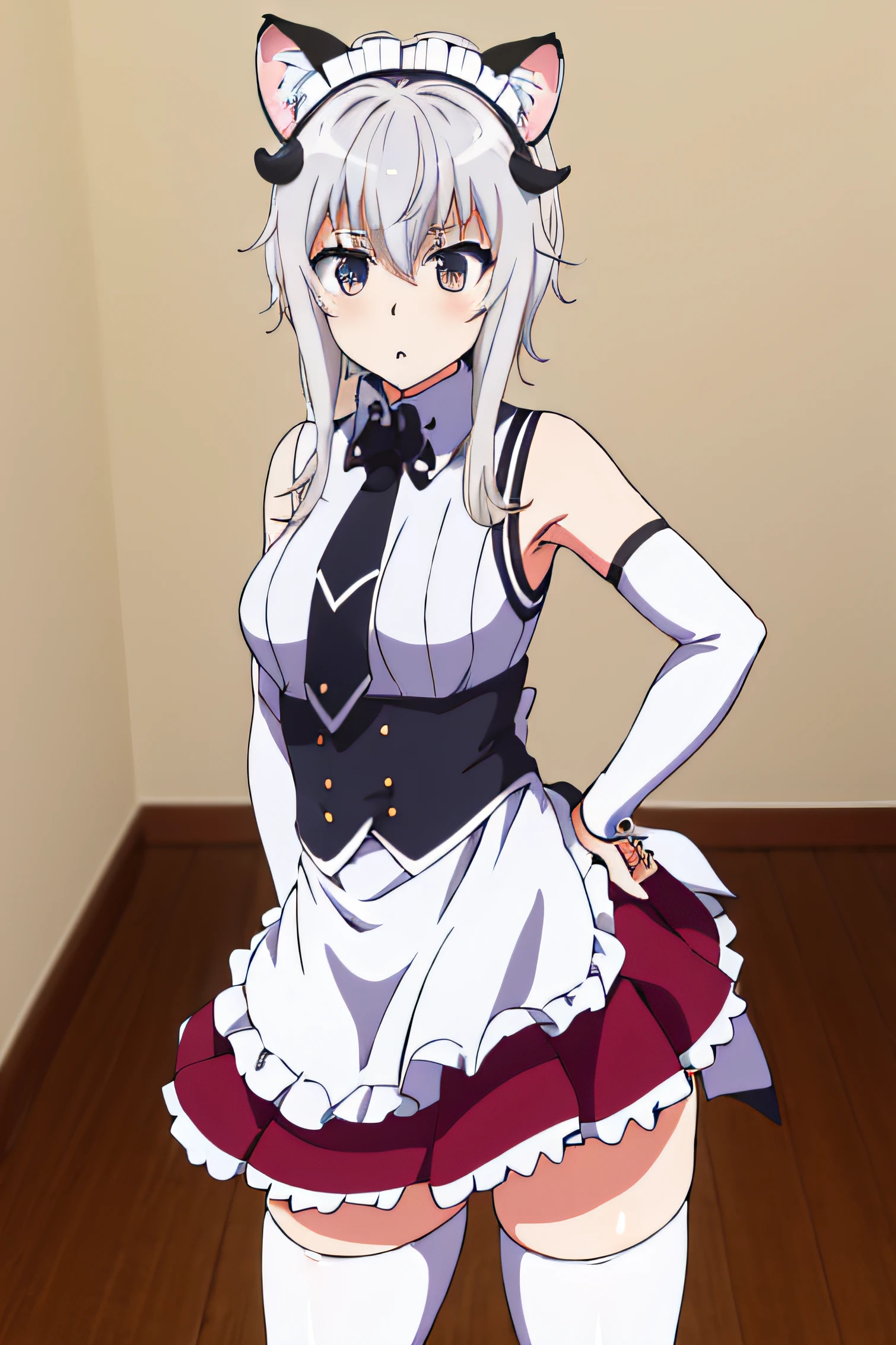 masterpiece, best quality, highres, Toujo koneko, cabelo branco, orelha de gato branco, solo,animal ears, white thighhighs, maid headdress, detached sleeves, black skirt, white apron, sleeveless shirt, white shirt, black necktie, frilled apron, hand on hip,