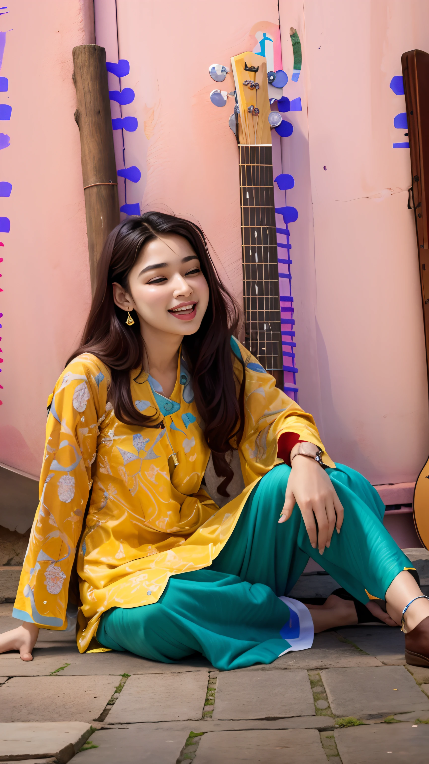 a woman sitting on the floor with a guitar and a guitar, youtube video screenshot, mahira khan as a d&d wizard, wearing a kurta, she expressing joy, actress, kyza saleem, mutahar laughing, wearing a silk kurta, new song, cute woman, video, exclusive, facebook post, leaked image, candid picture, anime style , digital art ,masterpiece, great colors, highly saturated colors,