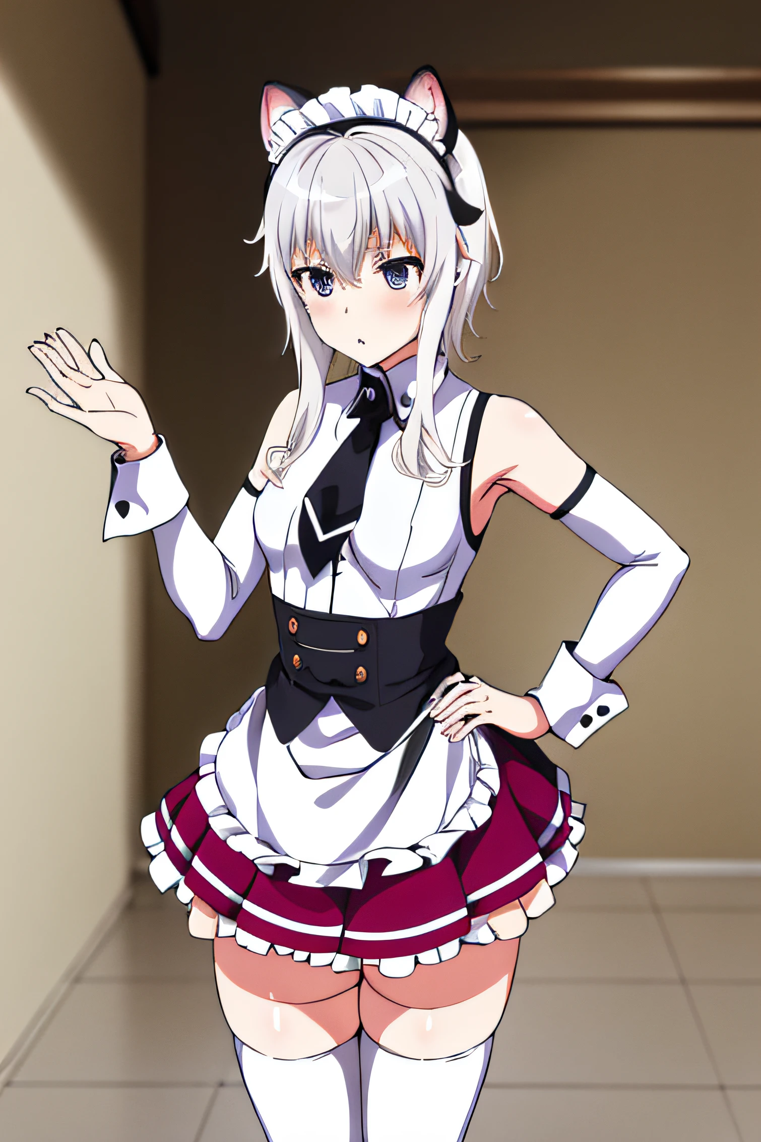 masterpiece, best quality, highres, Toujo koneko, cabelo branco, orelha de gato branco, solo,animal ears, white thighhighs, maid headdress, detached sleeves, black skirt, white apron, sleeveless shirt, white shirt, black necktie, frilled apron, hand on hip,