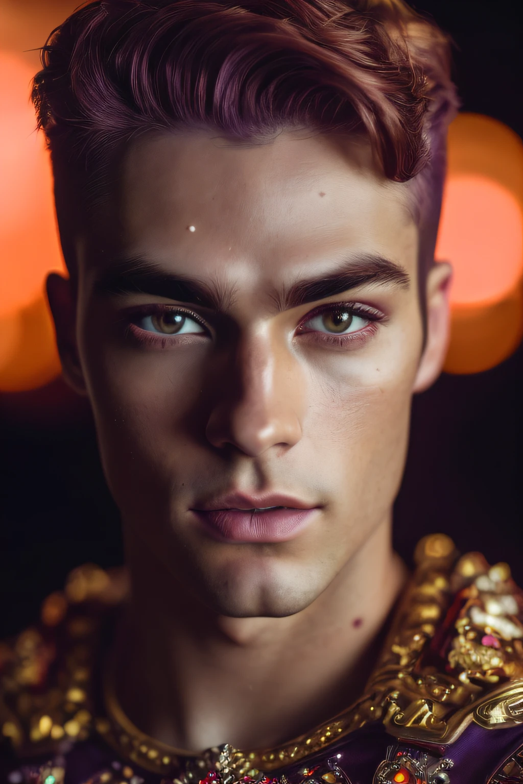 (male male model, (purple violet purple eyes), (red shaven face. (attractive, well-defined full body, 4k skin, stand up, Light), Cinematic lighting. photography, detailed symmetrical realistic face Shirt and Red and Gold Roman Costume with Ruby Jewels Extremely Detailed , Peach Skin, Auburn Hair, Masterpiece, Nonsense, Nikon D850 Stock Photography, Kodak Portra 400 F1.6 Lens Camera, Extremely Detailed, Incredible Orgy, Details fine, hyper realistic texture, dramatic lighting, high quality, full resolution, sharp focus, extremely detailed, cinematic lighting, 8k UHD.