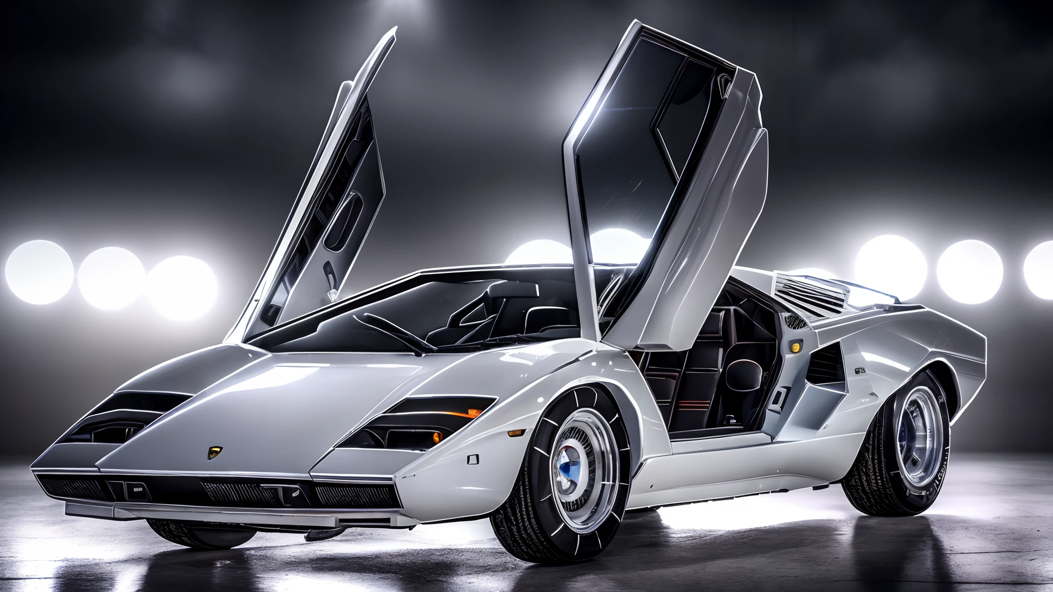 Cinematic photograph of a white 1980s Lamborghini (good composition), (in frame), centered, 8k, 4k, detailed, attractive, beautiful, impressive, photorealistic, realistic, cinematic composition, volumetric lighting, high-resolution, vivid, detailed, stunning, professional, lifelike, crisp, flawless, DSLR, 4k, 8k, 16k, 1024, 2048, 4096, detailed, sharp, best quality, high quality, highres, absurdres