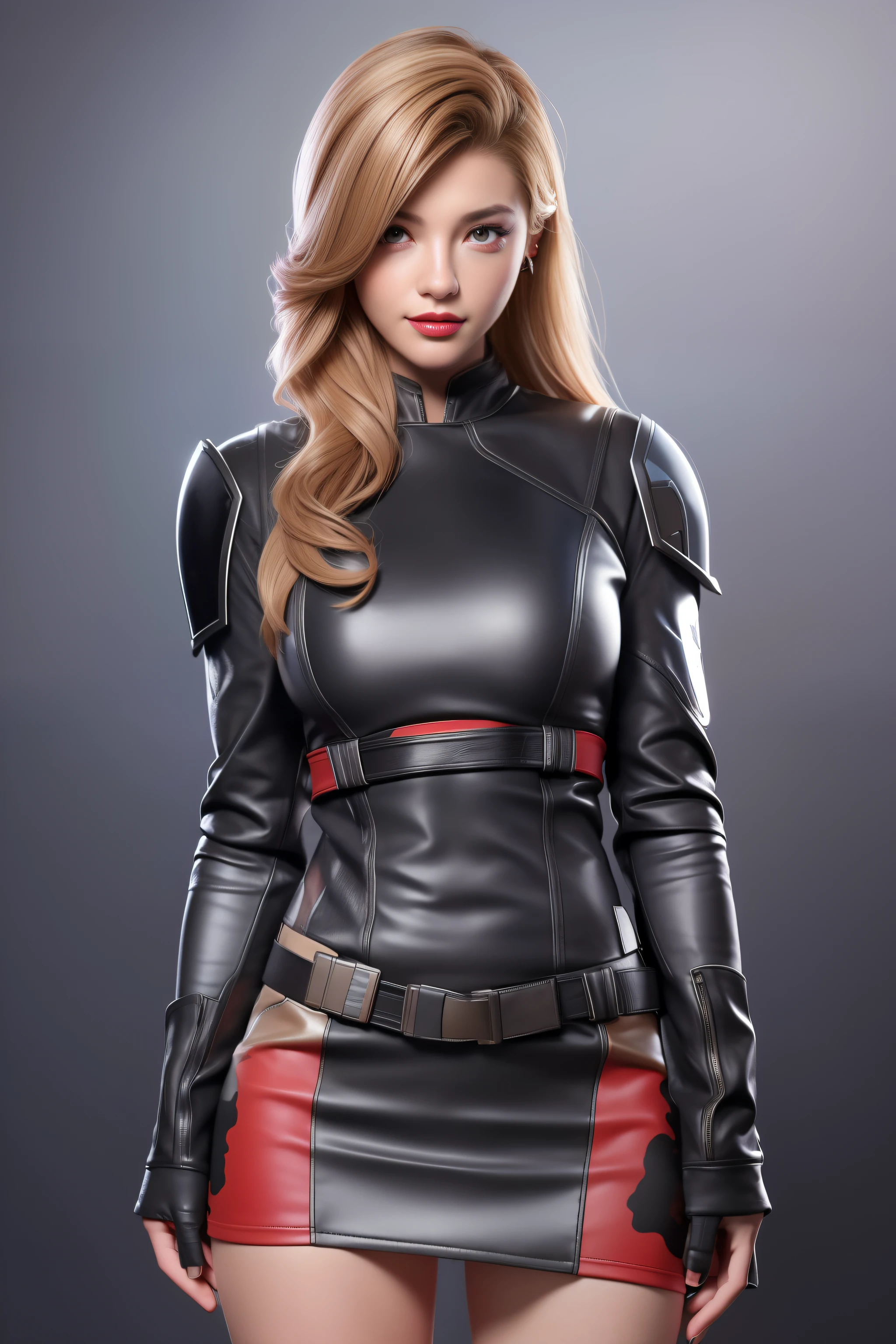 Beautiful Face Woman、a blond、Black camouflage pattern background、 Beautuful Women、18year old、prety woman、hyper realistic photography、High-definition photos、red lipsticks、Mandalorian style miniskirt suit in metal armor、The skin is not very exposed、Do not cut your head off the screen、Camouflage skirt、Facing the front、