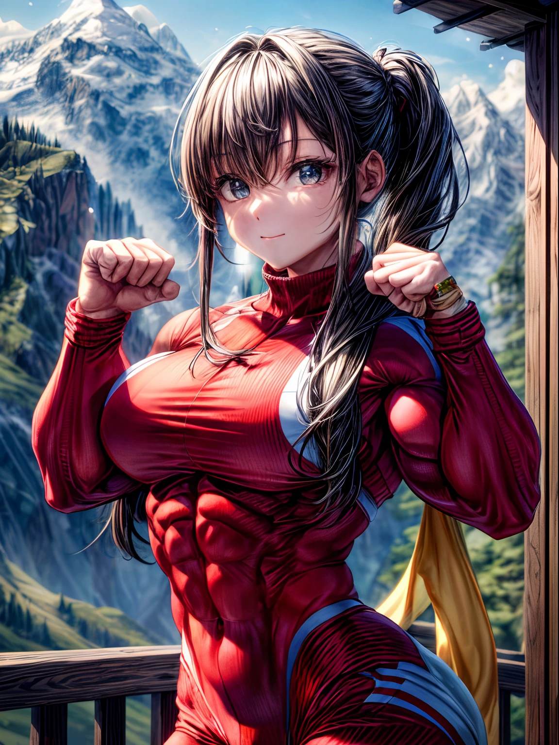 (BEST lighting) , (ultra intricately detailed) , 4K unification, (super-detailed CG: 1.2) , (8K: 1.2),(Original), (Masterpiece) , (Best quality),(Masterpiece:1.4),Anime-ish high quality,(Masterpiece),Masterpiece, Best quality, absurderes,((masterpeace, 4K, 8K, Yes, A high resolution))1girll, She was hiking a mountain，Head to a mountain resort, hiking clothes, Spring, Boots, Perfect figure, Long hair with a shawl, Sweat, Dynamic pose, ((body builder:1.5)),Temple background,(Beautiful bace),(Girl),(Female),(((Upper body:1)))
