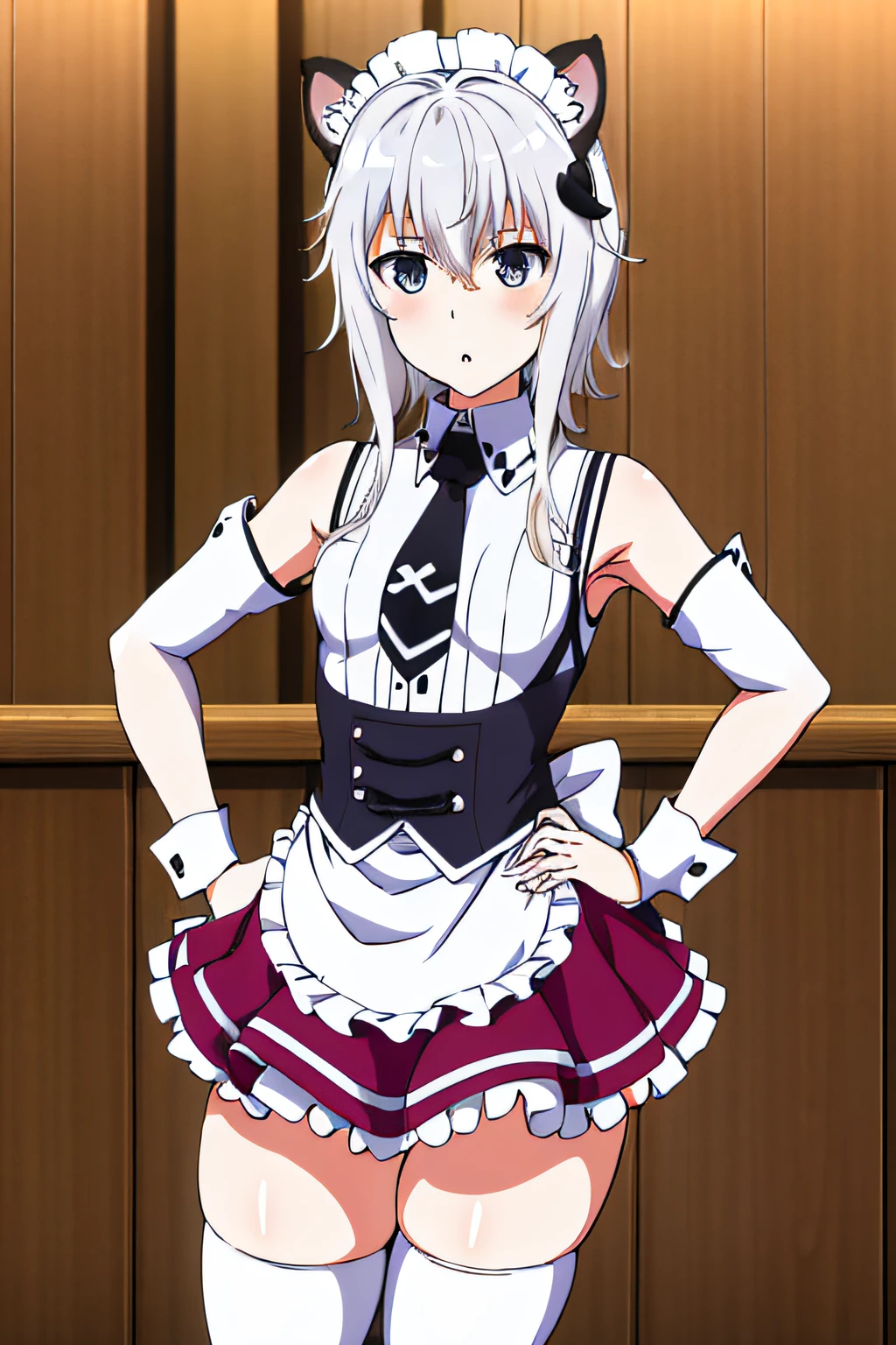 masterpiece, best quality, highres, Toujo koneko, cabelo branco, orelha de gato branco, solo,animal ears, white thighhighs, maid headdress, detached sleeves, black skirt, white apron, sleeveless shirt, white shirt, black necktie, frilled apron, hand on hip,