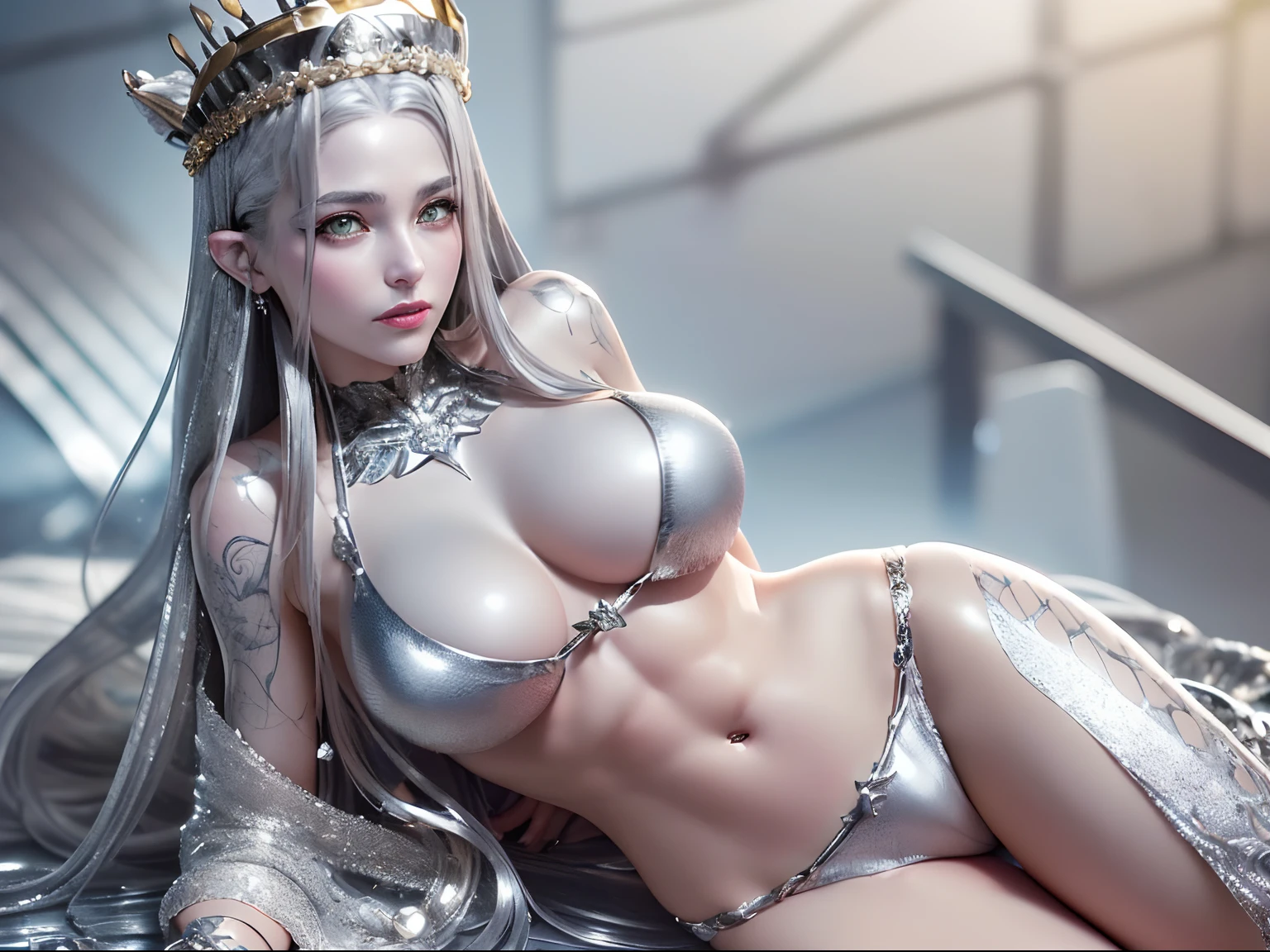 Ultra-detailed complex 3D rendering of the face, (masterpiece, top quality, octane rendering,), glamour shots full body image, very beautiful young elves, cleavage, (highly detailed skin: 1.2), (exposure: 1.1), ((blue micro bikini: 1.95)))). , 8k, (((very soft breasts)), (((conspicuous large pink areola)), beautiful Caucasian woman with white skin with full soft breasts with big buttocks, one, long braided hair, big breasts, dynamic angles, (((huge breasts: 2.4)), ultra-realistic photos, ((((((silver hair)))), futuristic urban background, facial muscles, (((((detailed and glamorous silver crown)))), In the style of Marvel Comics, ArtStation Trends, Clear Focus, Intricate Details, Very Detailed, Detailed Green Eyes, Sharp Focus, Digital Rendering, Professional, Abs, Lip Gloss, Glossy Skin, Sexy Pose, Golden Tattoo All Over Body, Silver Pattern All Over Body, Silver Lame Skin, Gold Glitter Skin, Mansuji, Buttocks, Jeweled All Over the Body, with silver scales, silver hair,