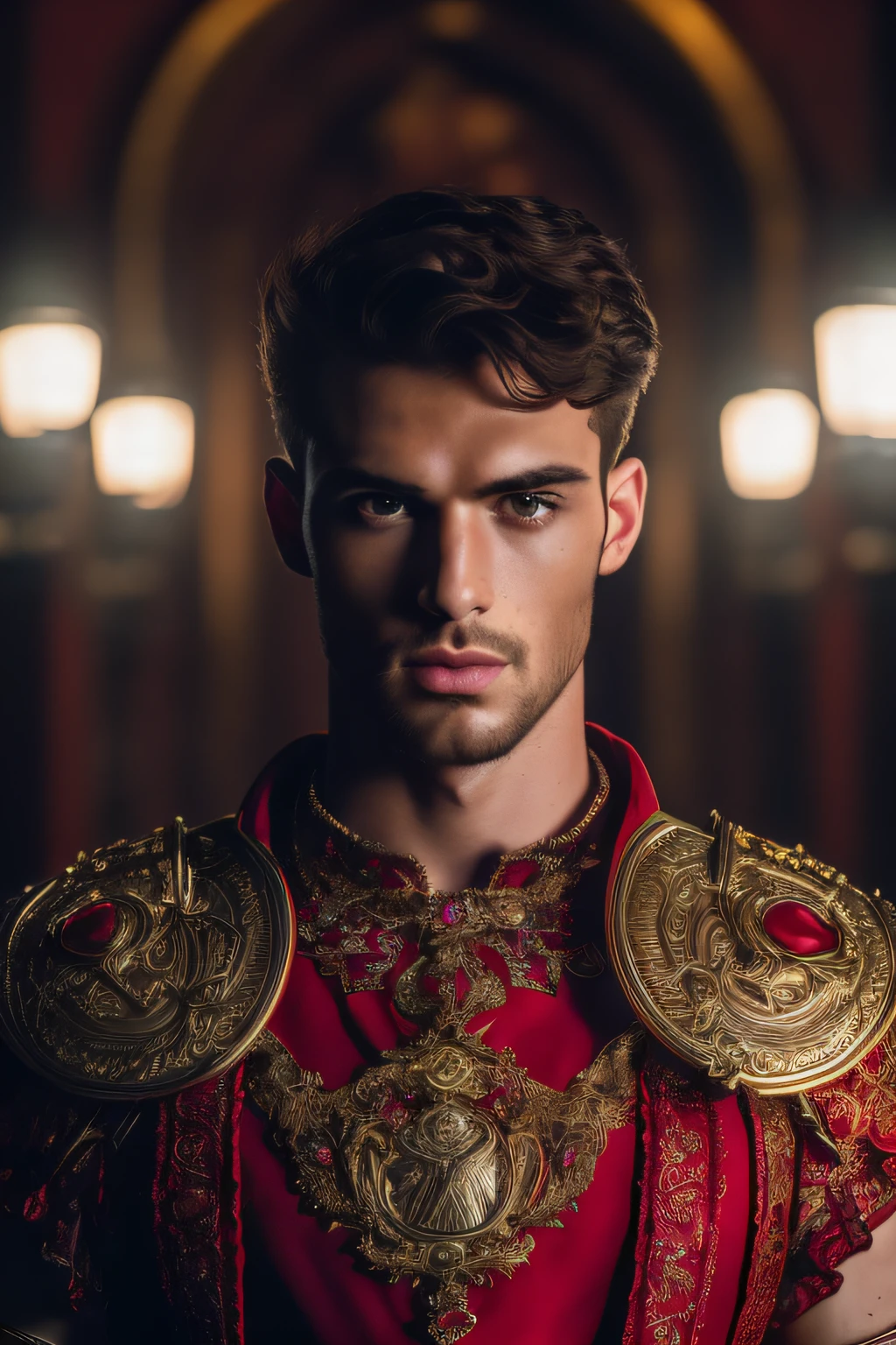 (model red European red male male, (eyes color brown red), (shaven face red red). (attractive, well-defined full body, skin in 4k, stand up, Light), The cinematic lighting. photography, realistic face symmetrical detailed. shirt european costume rome greek and red and gold roman costume with ruby jewelry extremely detailed , peach skin, Auburn Hair, master piece, absurdities, Nikon D850 Stock Photography, Kodak Portra 400 F1.6 lens camera, extremely detailed, amazing orgy, fine details, hyper realistic texture, dramatic lighting, high quality, full resolution, sharp focus, extremely detailed, cinematic lighting, 8k UHD.