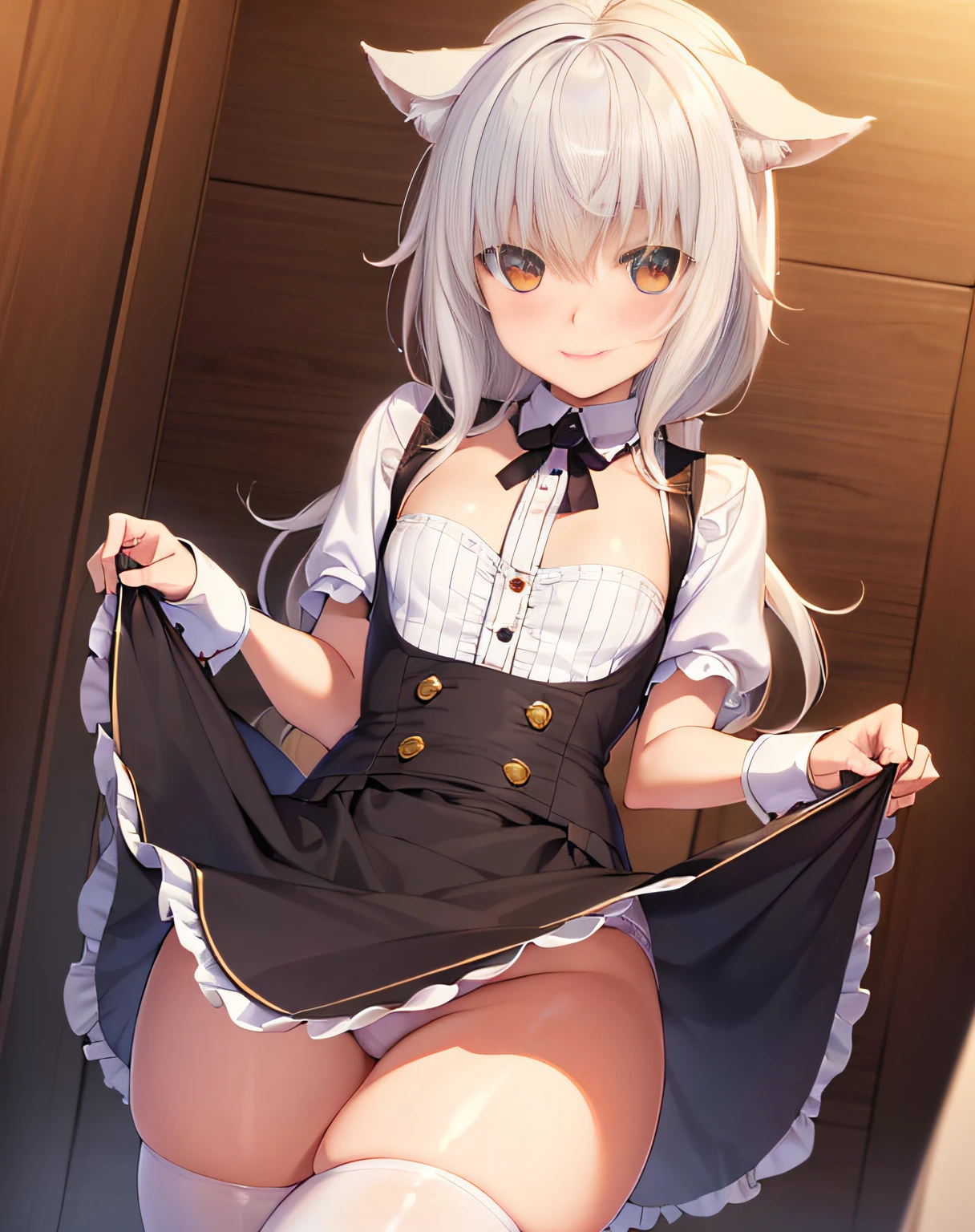 ((masterpiece)), ((best quality)), ((highres)), ((extremely detailed CG unity 8k wallpaper)), solo, Toujo koneko, cabelo branco , orelha de gato, nekopara outfit, white apron, blush, perverted, bathroom, white leggings, smile, cat pupils, slit pupils, cat eyes, purple tail