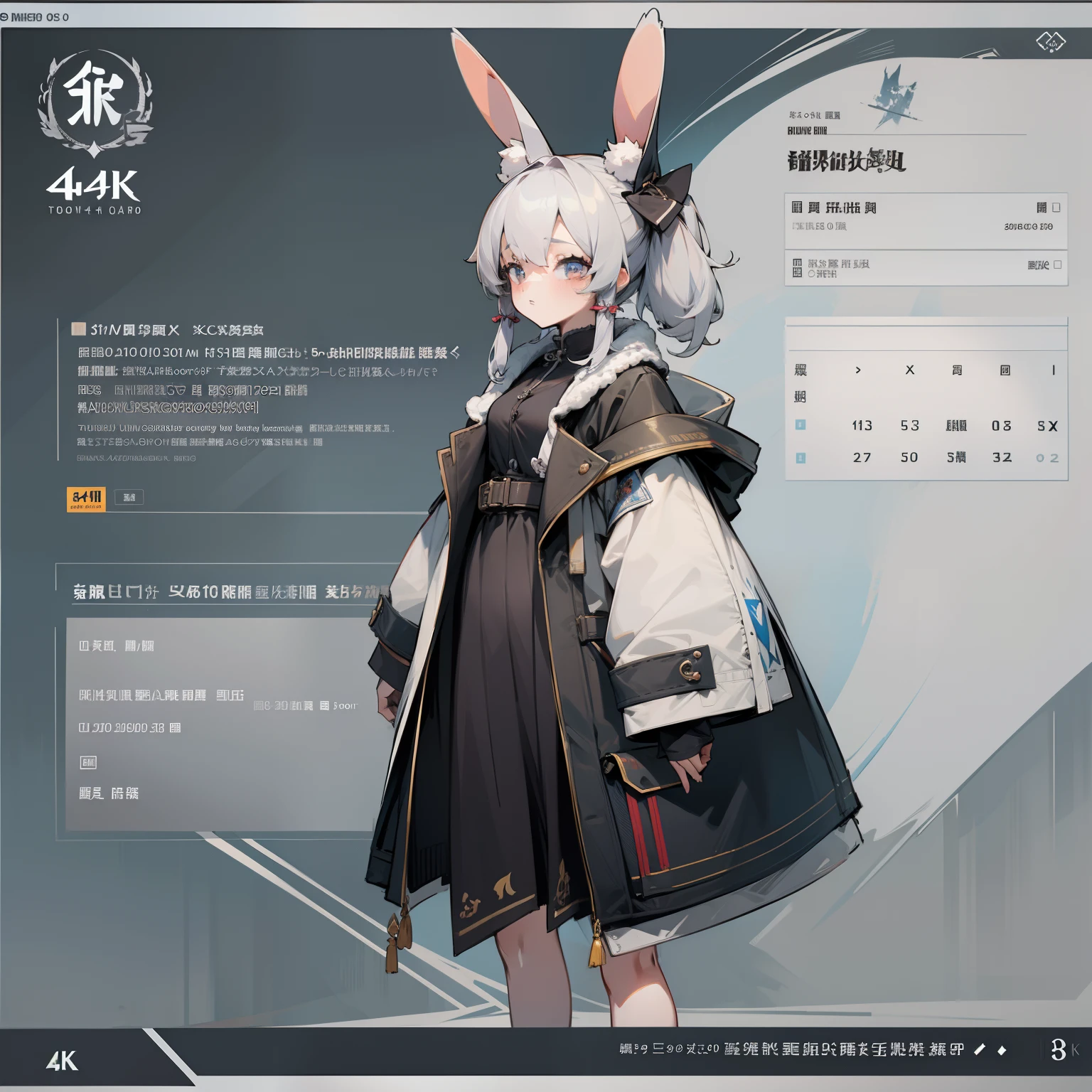 character sheets、top-quality、Masterpiece 4K、8K ultra-high resolution、Rabbit-eared girl、One girl in a shabby coat。