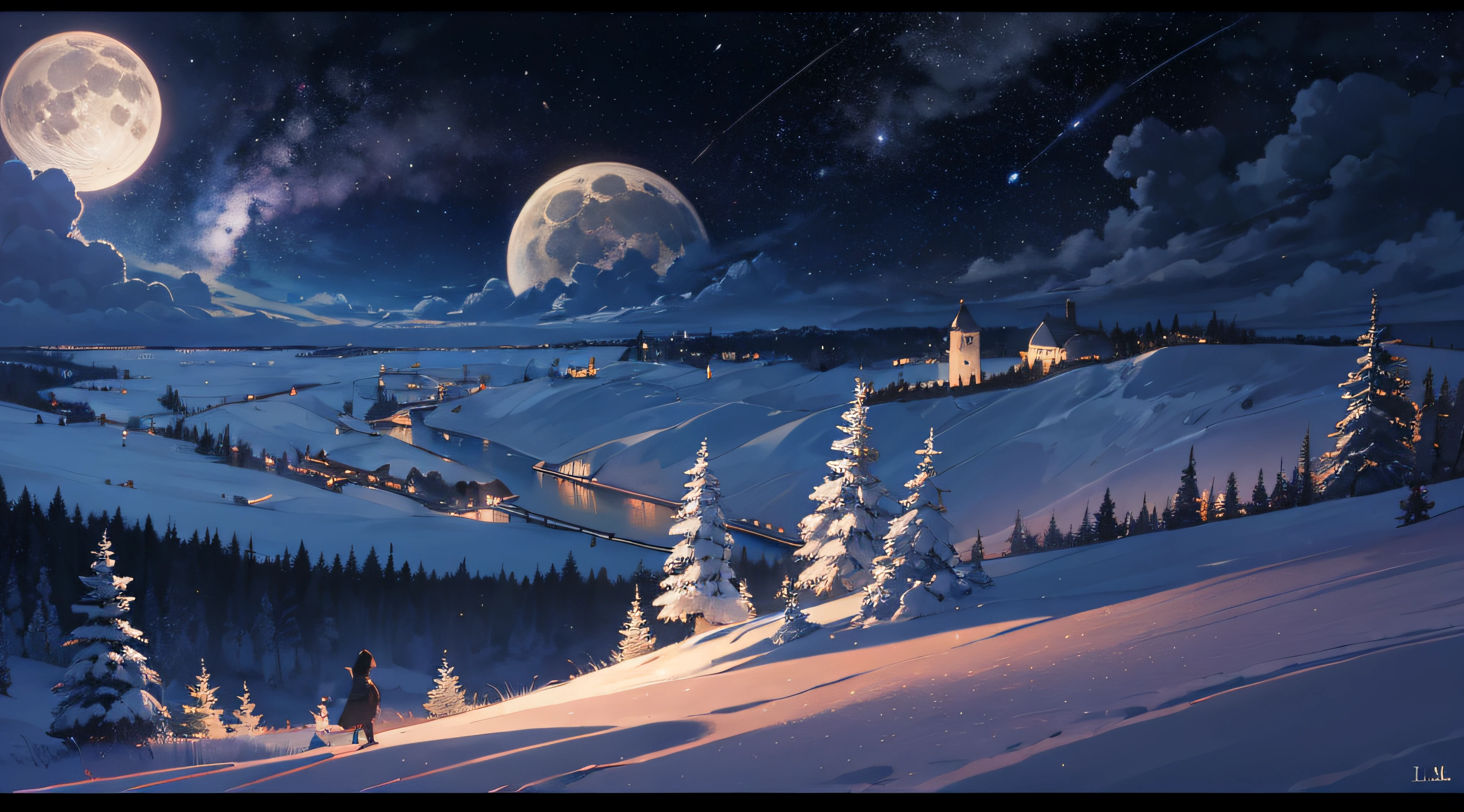 Expansive landscape photograph,(moon full:1.2),(meteors:0.9),(Starcloud:1.3),(Warm light source:1.2),(glowworm:1.2),lamp lights,Lots of purple and orange,Complicated details,Volumetriclighting,Realism BREAK(tmasterpiece:1.2),(best qualtiy),8K,Ultra-detailed,(dynamic compositions:1.4),The is very detailed,Colorful details,(Irridescent color:1.2),(luminouslighting,Atmospheric lighting),dream magical,magical,(独奏:1.2),((best qualtiy)), ((tmasterpiece)), (the detail:1.4),depth of fields,maximum definition and sharpness,perfectly proportions,Fluttering clouds,Wallpapers