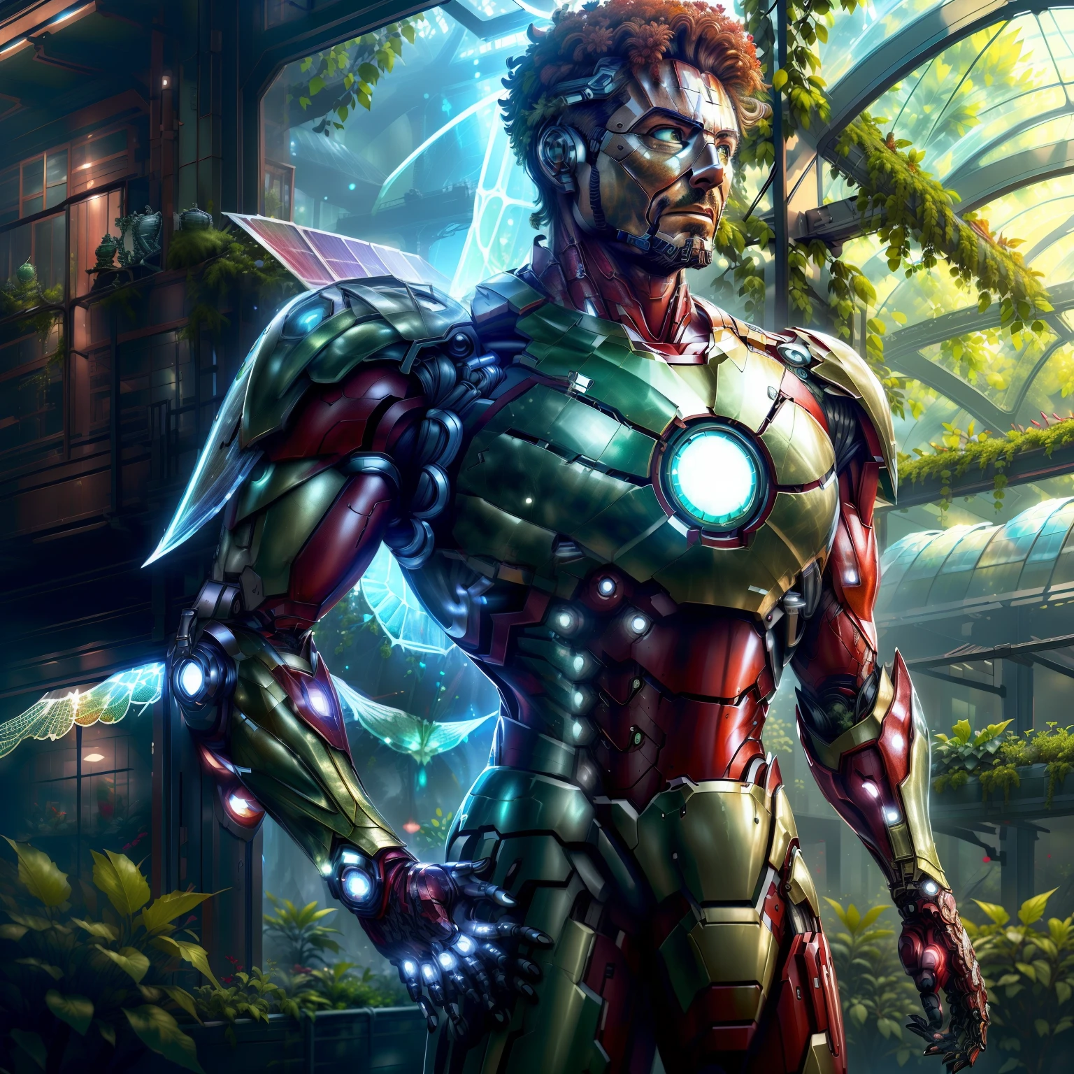 SolarpunkAI, (green-powered:1.4), iron man armor, detailed, intricate