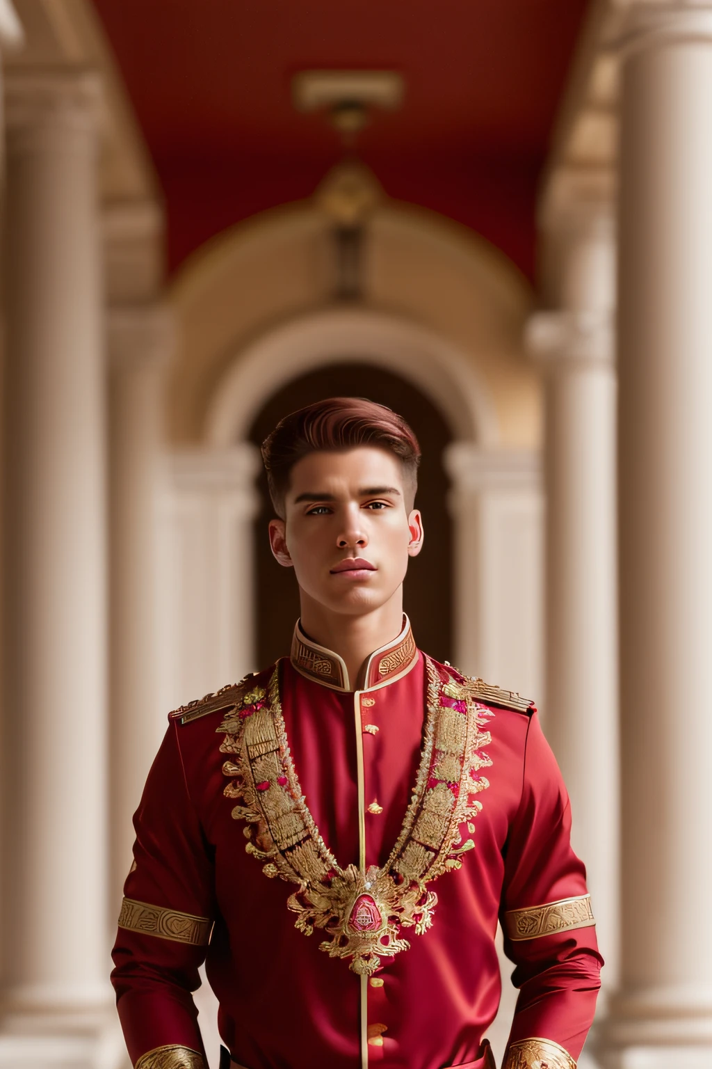 (model red European red male male, (eyes color brown red), (shaven face red red). (attractive, well-defined full body, skin in 4k, stand up, Light), The cinematic lighting. photography, realistic face symmetrical detailed. shirt european costume rome greek and red and gold roman costume with ruby jewelry extremely detailed , peach skin, Auburn Hair, master piece, absurdities, Nikon D850 Stock Photography, Kodak Portra 400 F1.6 lens camera, extremely detailed, amazing orgy, fine details, hyper realistic texture, dramatic lighting, high quality, full resolution, sharp focus, extremely detailed, cinematic lighting, 8k UHD.