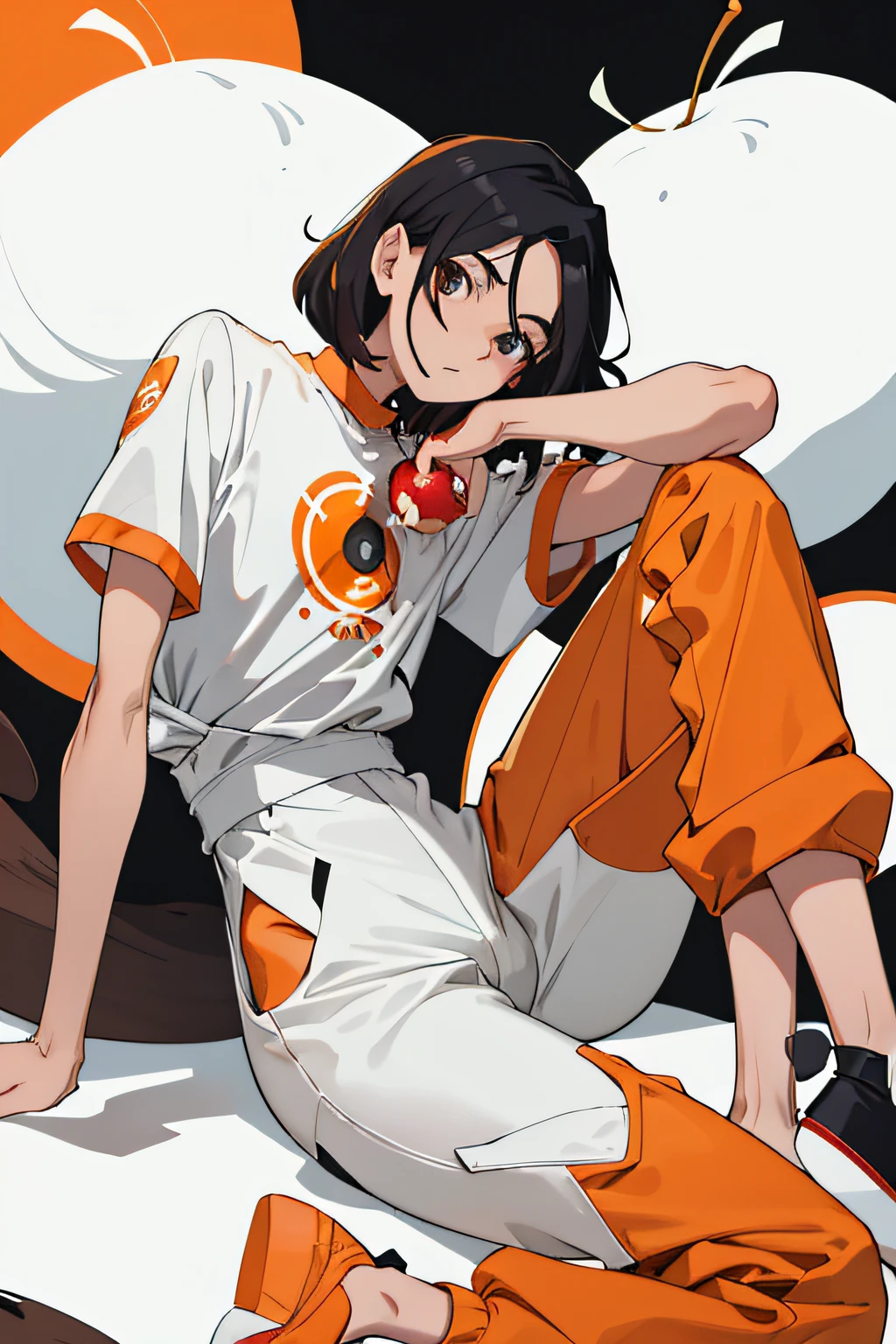 Personagem estilo anime masculino de cabelos medios longos preso em cima mas solto em baixo, cabelo loiro com preto, white short-sleeved shirt and an orange loose astronaut jumpsuit pants, sentado com as pernas cruzadas, with one arm resting on his leg and the other holding an apple inside a spaceship