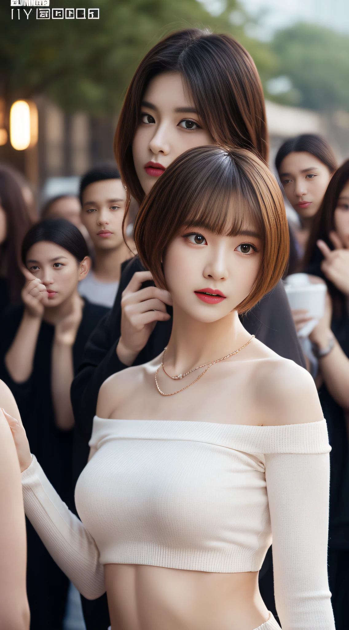 The 8k quality、Top image quality、超A high resolution、masterpiece、Photorealsitic、1 girl in、tense look、Trendy makeup、bob cuts、(off shoulder shirt、Clothes that fit the body)、Cecessy、ciinematic light、The protagonist、the chaos、Super Slender、g-cup、(Do not wear underwear)、in a crowd of people、Number of people who are about to be crushed、Dynamism、a necklace、Beginning of the story、Magazine covers、Focus only on the main character、The best looks in the world、