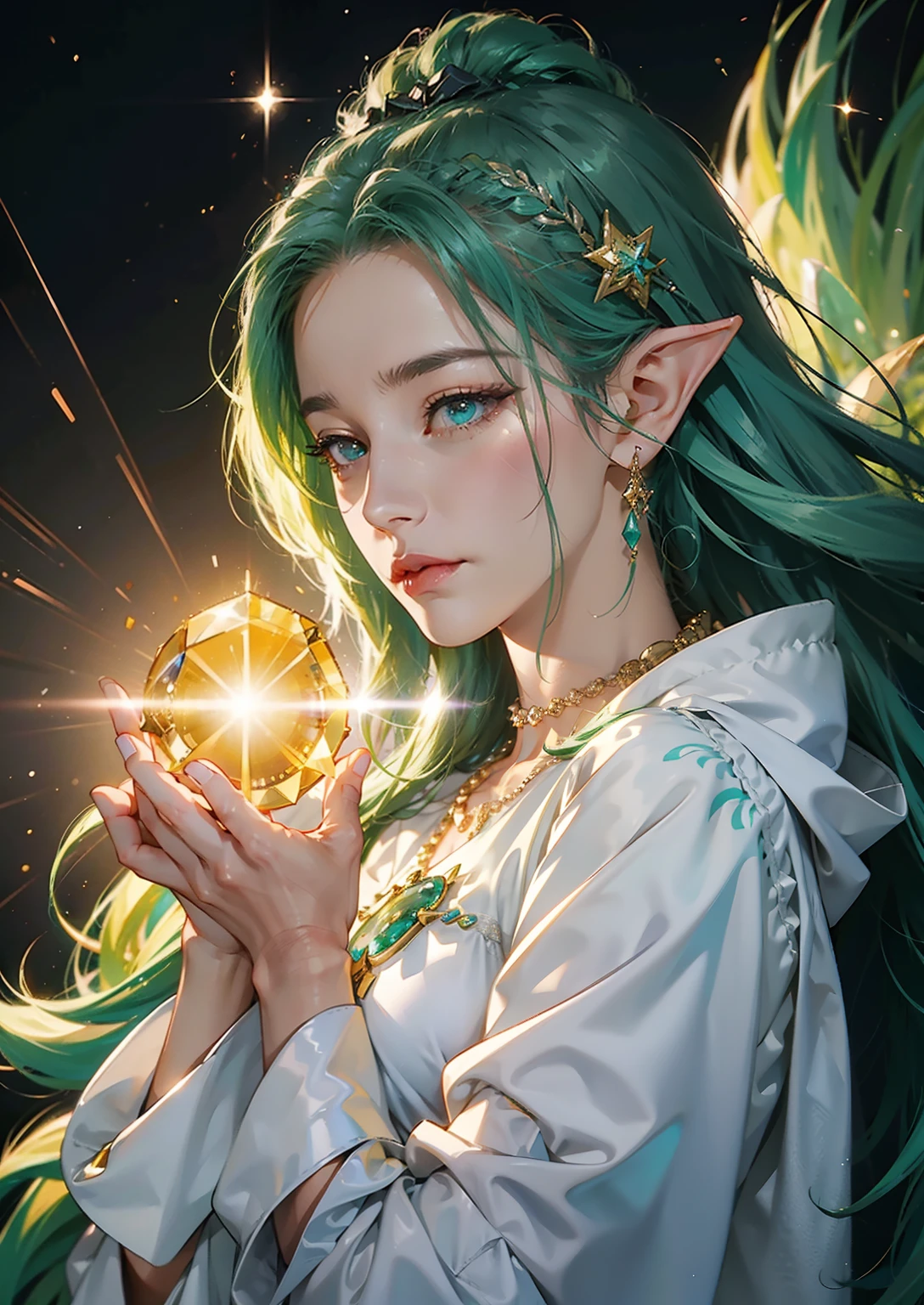 1girl in, elf-ears, Elven Princess, Green hair, Gradient Hair, Long hair, hair messy, Dreadlocks, hair clips, Hair Ornament, Jewelry, forehead gem, Hood down, star-shaped pupils, Gradient Eyes, aqua eyes, pointy ear, crystal earrings, Serious, Bright pupils, flustered, Anime, Anime style, Anime, Anime, spark of light, Glowing light, reflective light, vignetted, Reference Sheet, From Side, Lens Flare, ((masutepiece)), masutepiece, Anatomically correct, Super Detail, High quality, high details, Best Quality, 4K, 8K, 16 K, hard disk, nffsw