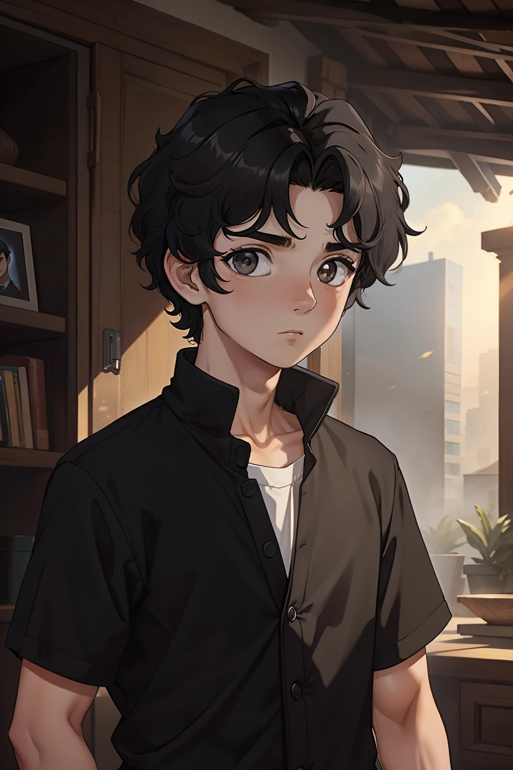 1 boy, medium black hair, wavy,