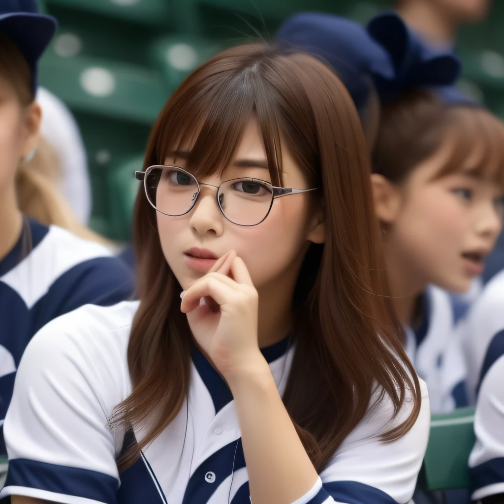 Koshien Stadium　Lots of cheerleaders　girl with　Cheering seats Close-up of face　eye glasses