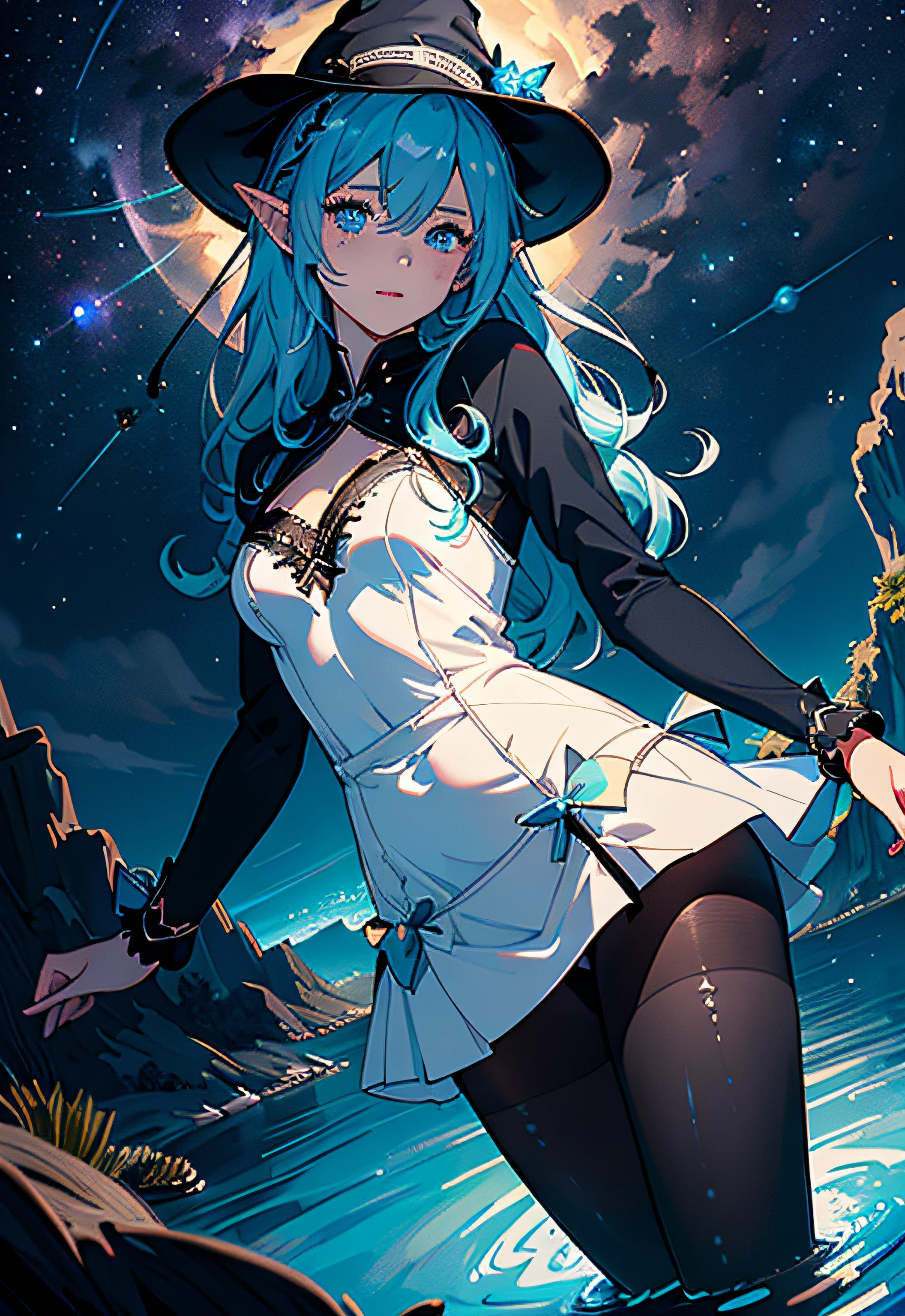 ((masterpiece)),(((bestquality))),((ultra-detailed)),((illustration)),((disheveledhair)),((colorful refraction)), ((beautiful detailed sky)), ((thigh focus)), ((dark intense shadows)), ((cinematic lighting)), ((overexposure)), depth of field,flat color, (beautiful detailed girl),beautiful detailed glow, ,detailed lighting, detailed water,(beautiful detailed eyes), perfect light,lake, crosier, night, starry sky,
1girl,solo, (80d:1.2), (black pantyhose:1.2), standing in the ocean, partially submerged, enchantress, blue hair, blue eyes, elf ears, wizard hat, white dress, :D,
ulzzang-6500-v1.1