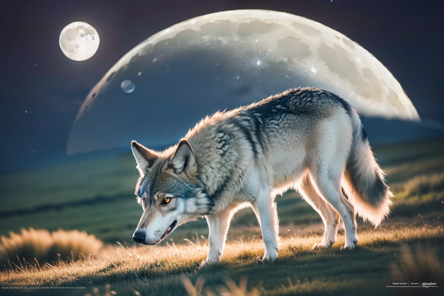 A wolf on a moonlit night on the steppe