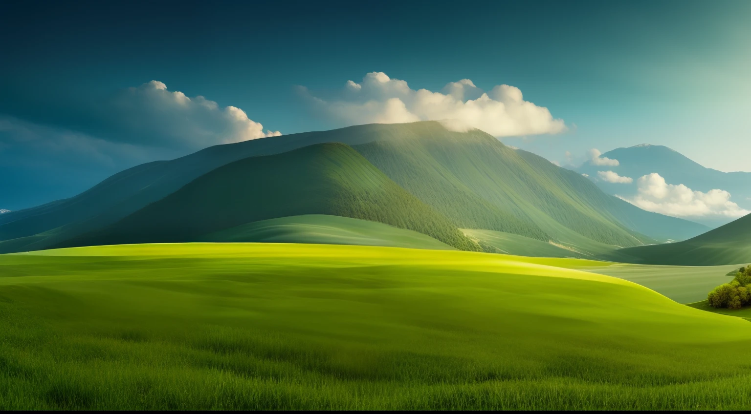 mountain with grass in low part, on top on mountain have cloud, Surrealism, modern, Realism, Verism, ray tracing, reflection light, cinematic lighting, god rays, backlighting, panorama, from outside, retina, high details, best quality, highres, award winning, super detail, ccurate