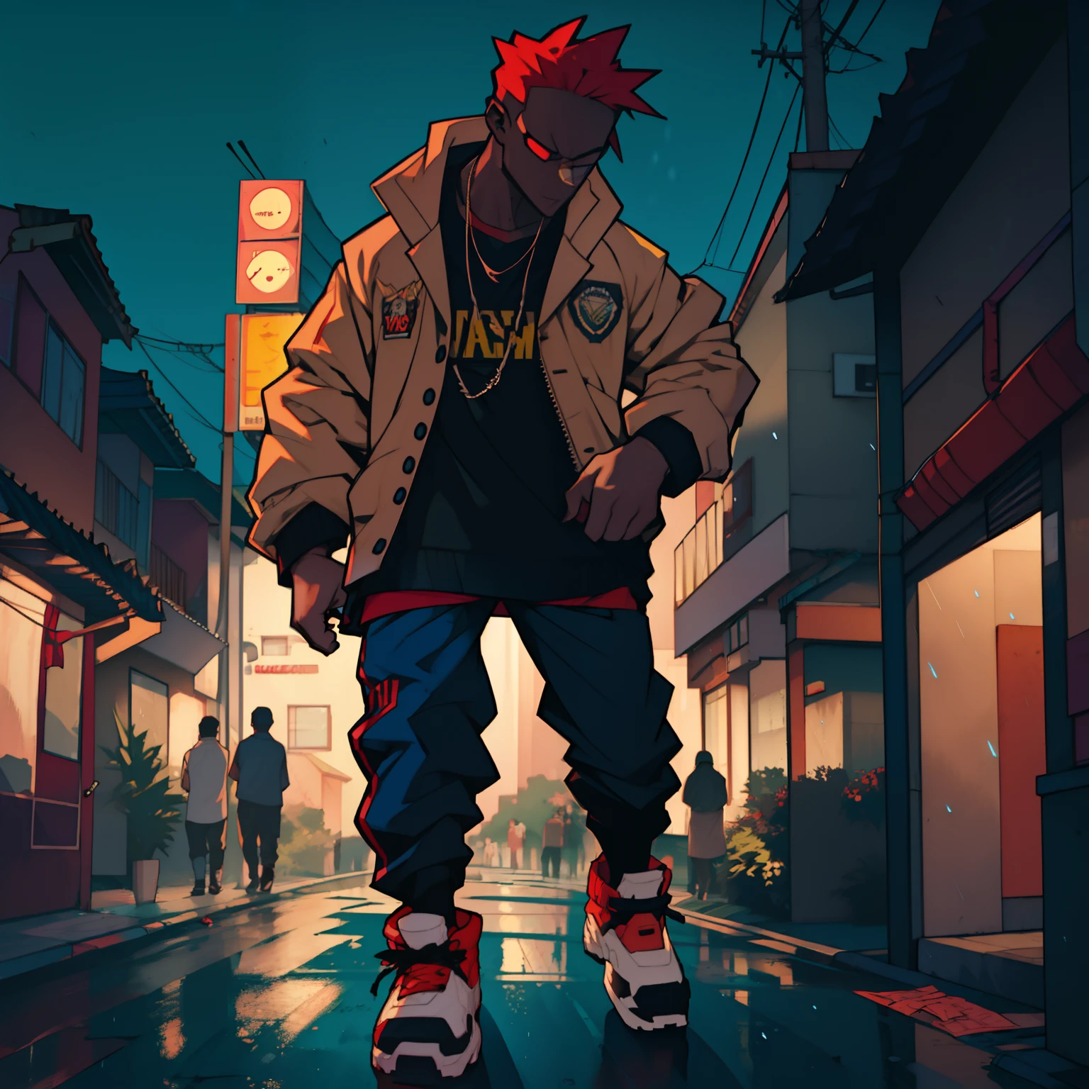 A distant view from top to bottom of a rapper-style kid in the middle of a city with buildings bright at night , Raining several money bills from heaven