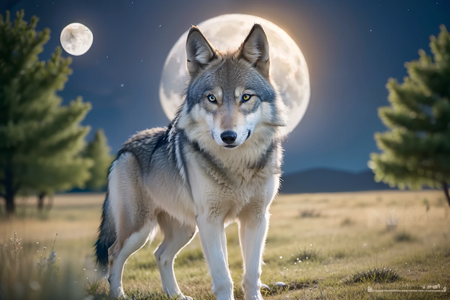 A wolf on a moonlit night on the steppe