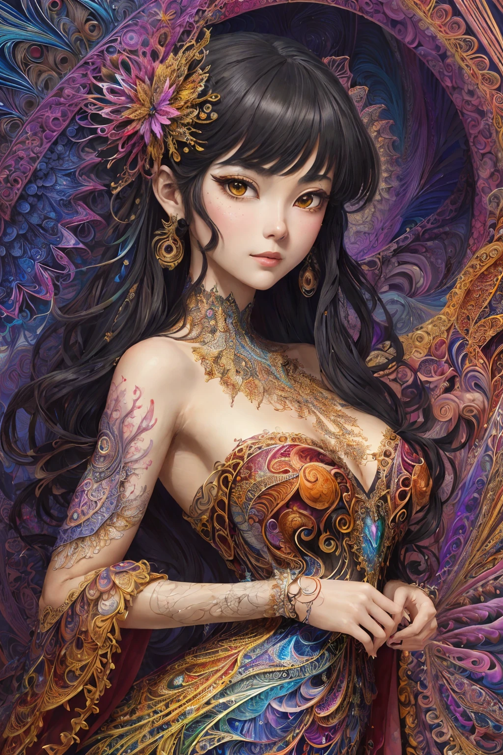 (masterpiece, top quality, best quality, official art, beautiful and aesthetic:1.2), (1girl:1.3), extremely detailed,(fractal art:1.2),colorful,highest detailed,(zentangle:1.2), (dynamic pose), (abstract background:1.5), (treditional dress:1.2), (shiny skin), (many colors:1.4), upper body, masterpiece, best quality,high quality,highres, 16K,RAW,ultra highres,ultra details,finely detail,an extremely delicate and beautiful,extremely detailed,real shadow, anime,highly detailed painted,award winning glamour paintting,wonderful paintting,art style,stylized,