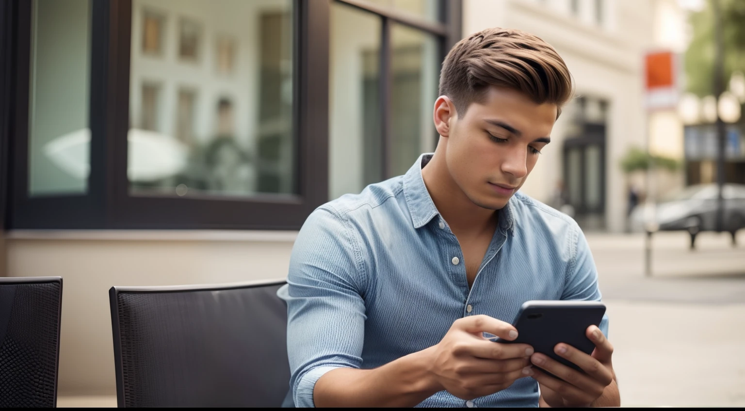Image of a young man sitting with a cell phone in his hand, Distracted by social media
