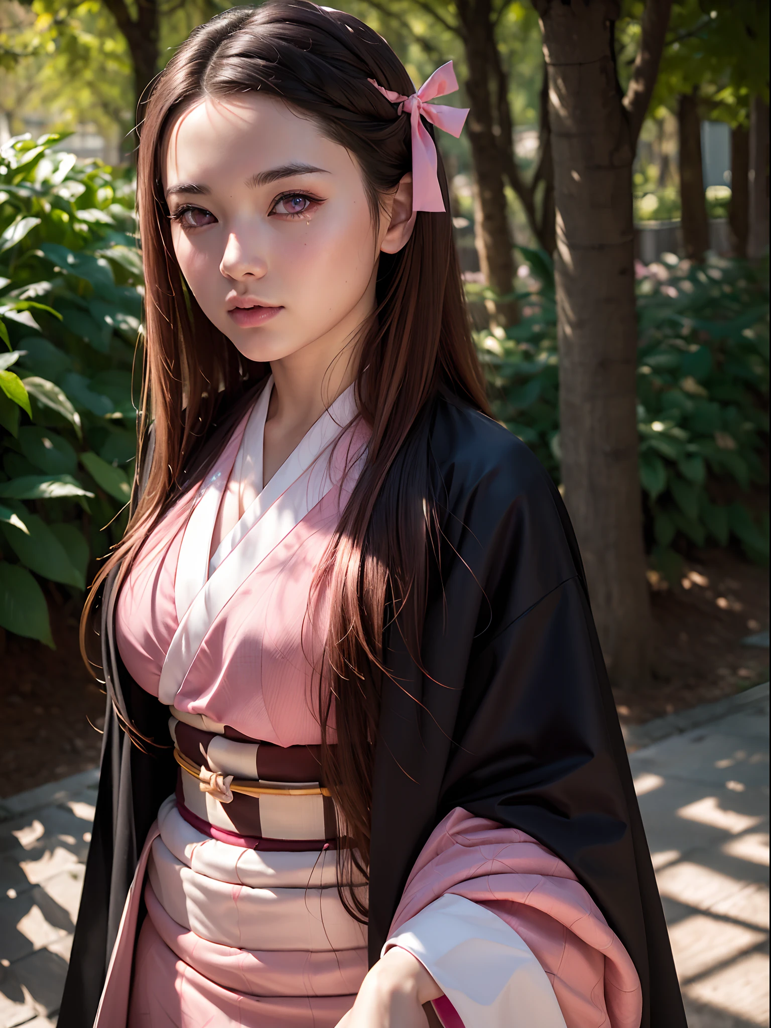 (masterpiece, best quality:1.4), (upper body:1.5), (standing:1.5), 1girl, solo, (european youth:1), , kamado nezuko, 1girl, bamboo, bit gag, brown hair, (checkered sash:1), gag, gagged, gradient hair, hair ribbon, (pink haori), japanese clothes, (black kimono:1.2), long hair, looking at viewer, multicolored hair, orange hair, (pink eyes:1.4), pink kimono, pink ribbon, ribbon, solo, beautiful face, highly detailed face, highly detailed skin, highly detailed eyes, skin pores, subsurface scattering, realistic pupils, medium breast, full face blush, full lips, detailed background, depth of field, volumetric lighting, sharp focus, absurdres, realistic proportions, good anatomy, (realistic, hyperrealistic:1.4), 16k hdr,