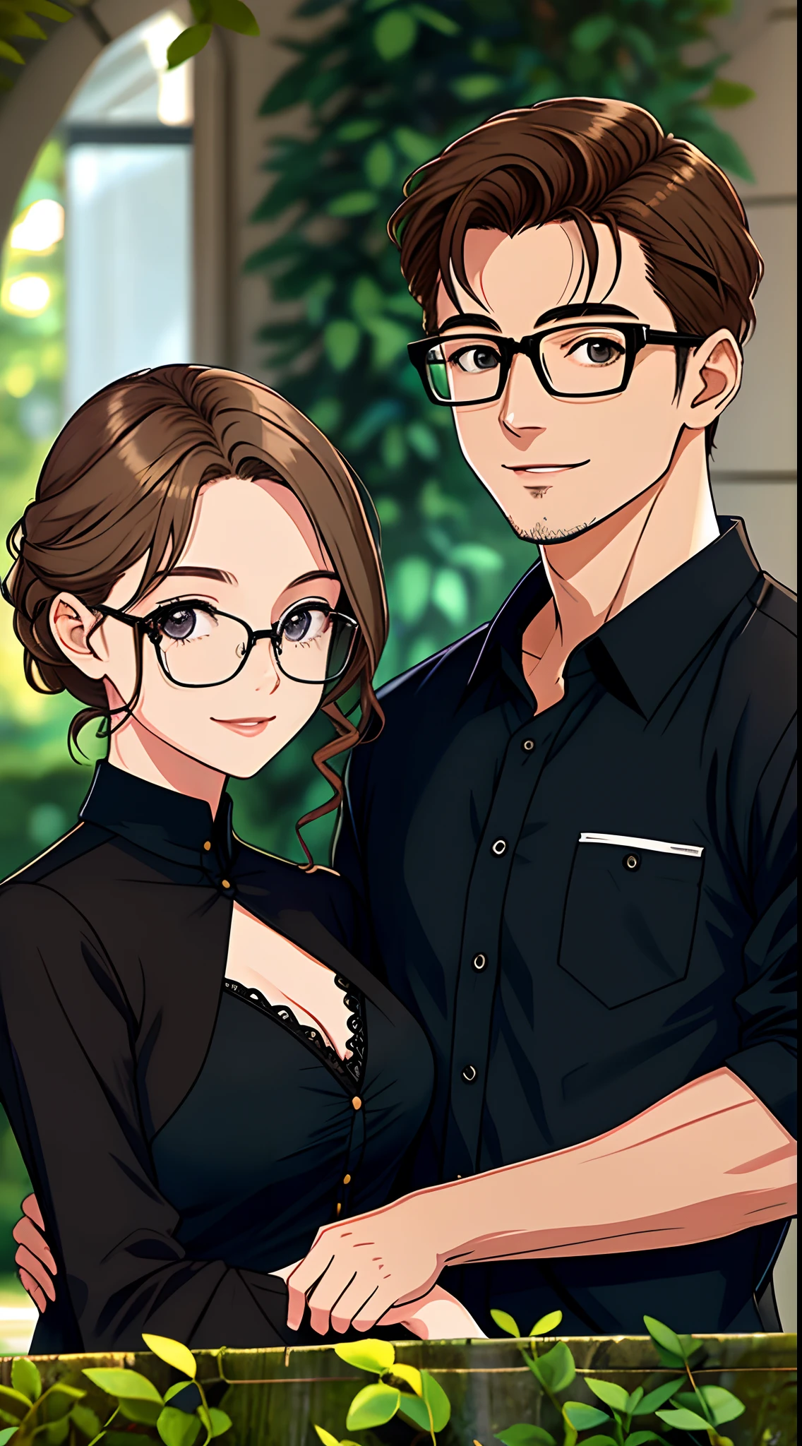 casal, ((2 pessoas)) Light brown-haired man wearing glasses and black dress shirt, mulher linda com rosto arredondado com uma covinha na bochecha direita sorrindo com cabelo quase ruivo e longo e cacheado, usando blusa verde, She doesn't wear glasses, beautiful female, are happy and passionate, Romantic, sorrindo, he's taller than her