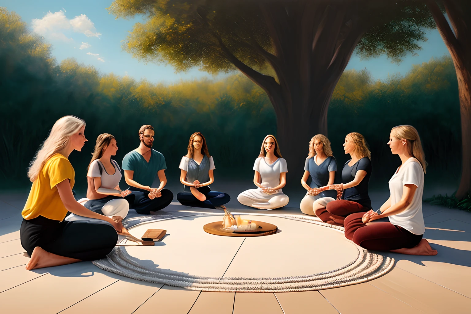 A group of people sitting in a circle, meditando, 16k de unidade CG extremamente detalhado), obras de arte mais bonitas do mundo, professional majestic oil painting, intrincada, alto detalhe, foco nítido, dramatic and photorealistic painting art