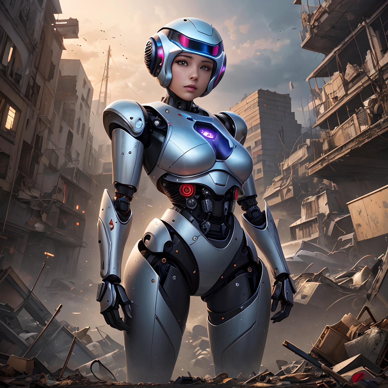 a painting of female robot buried to the waist in a robotic junk yard, colorful patterns, realistic fantasy, extremely detailed and beautiful , 8 k resolution,