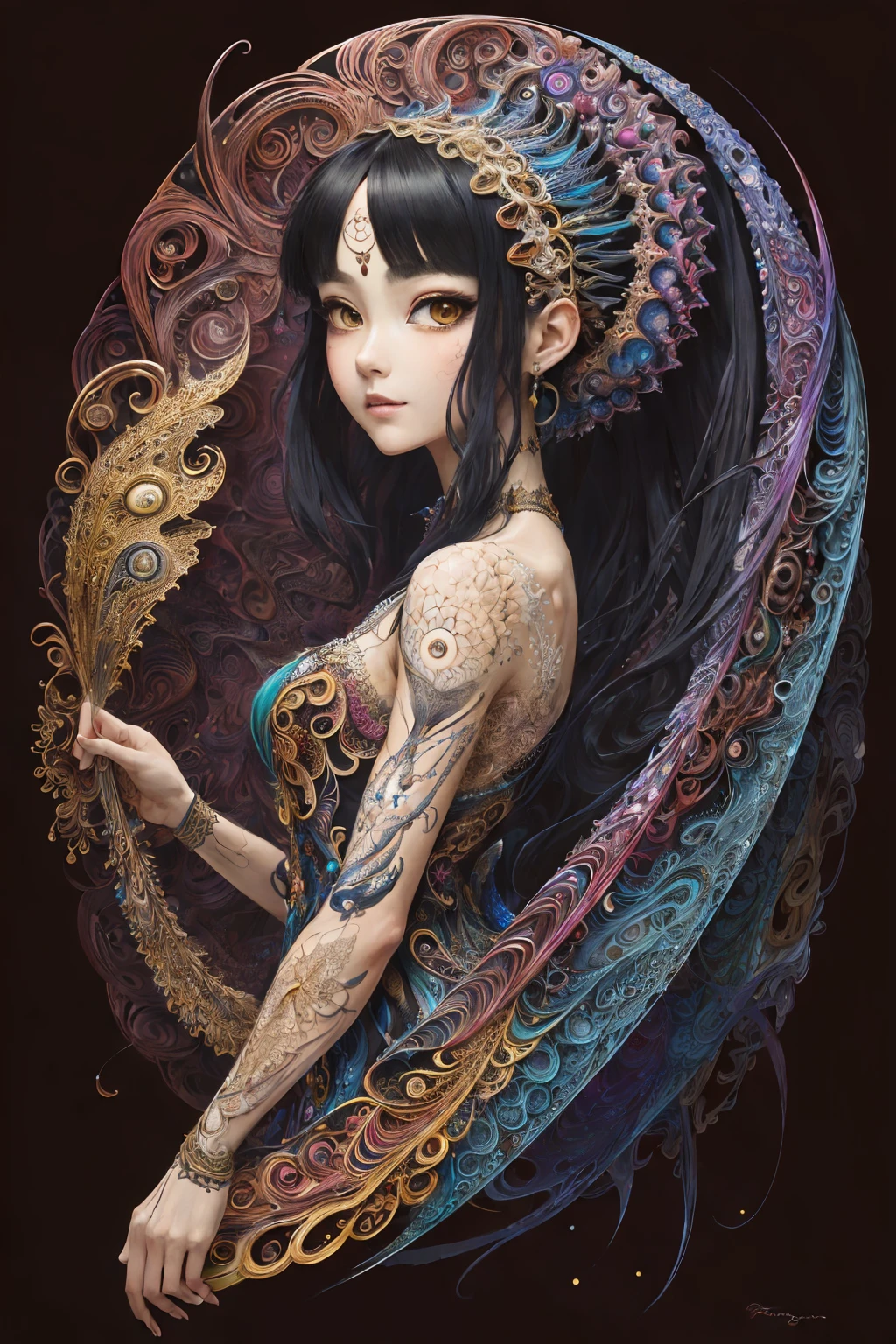 (masterpiece, top quality, best quality, official art, beautiful and aesthetic:1.2), (1girl:1.3), extremely detailed,(fractal art:1.2),colorful,highest detailed,(zentangle:1.2), (dynamic pose), (abstract background:1.5), (treditional dress:1.2), (shiny skin), (many colors:1.4), upper body, masterpiece, best quality,high quality,highres, 16K,RAW,ultra highres,ultra details,finely detail,an extremely delicate and beautiful,extremely detailed,real shadow, anime,highly detailed painted,award winning glamour paintting,wonderful paintting,art style,stylized,