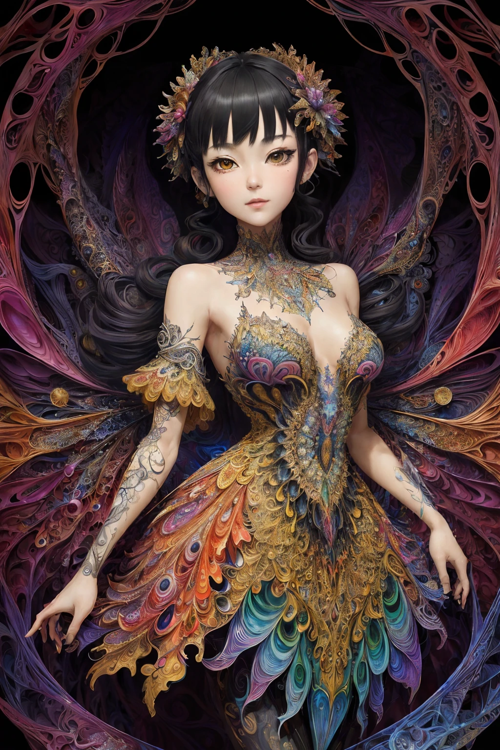 (masterpiece, top quality, best quality, official art, beautiful and aesthetic:1.2), (1girl:1.3), extremely detailed,(fractal art:1.2),colorful,highest detailed,(zentangle:1.2), (dynamic pose), (abstract background:1.5), (treditional dress:1.2), (shiny skin), (many colors:1.4), upper body, masterpiece, best quality,high quality,highres, 16K,RAW,ultra highres,ultra details,finely detail,an extremely delicate and beautiful,extremely detailed,real shadow, anime,highly detailed painted,award winning glamour paintting,wonderful paintting,art style,stylized,