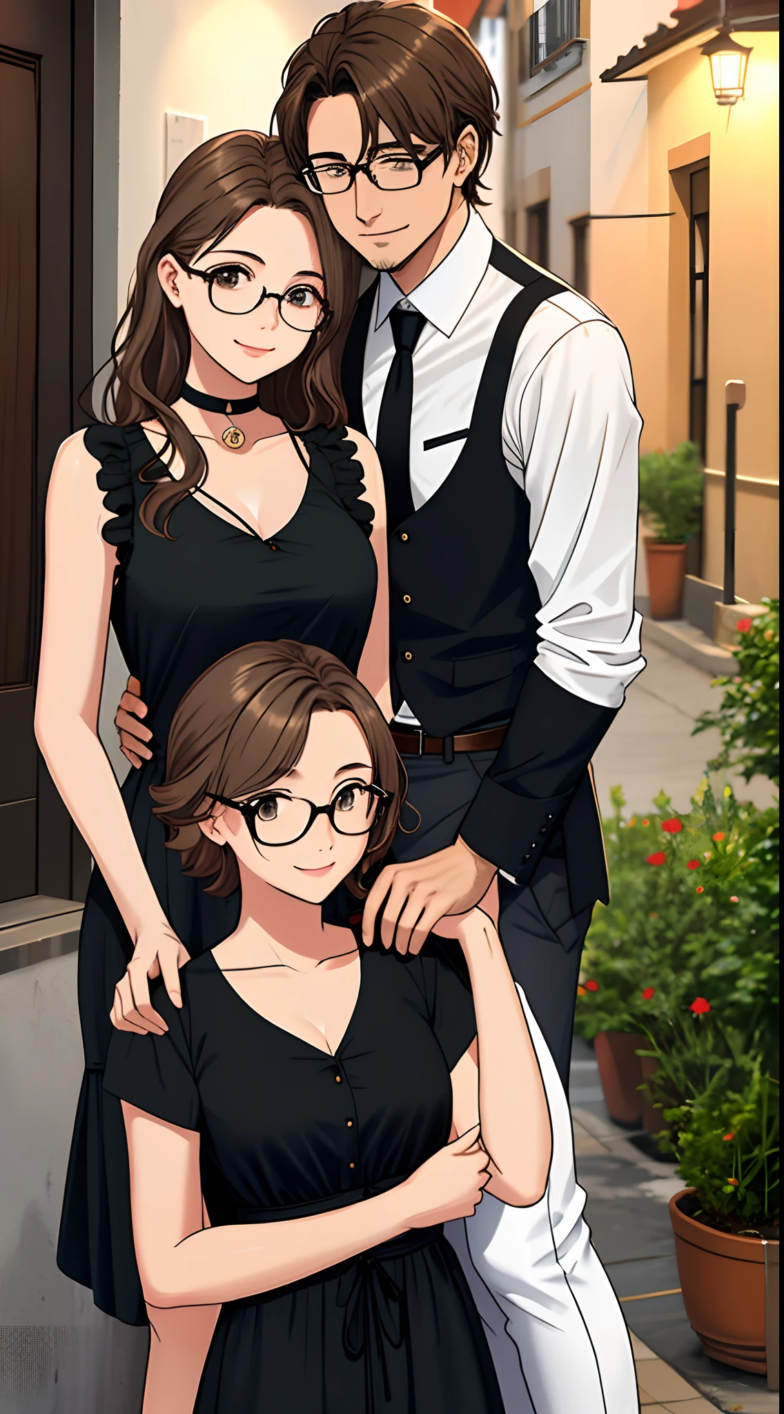 casal, ((2 pessoas)) Light brown-haired man wearing glasses and black dress shirt, mulher linda com rosto arredondado com uma covinha na bochecha direita sorrindo com cabelo quase ruivo e longo e cacheado, usando blusa verde, She doesn't wear glasses, beautiful female, are happy and passionate, Romantic, sorrindo, he's taller than her