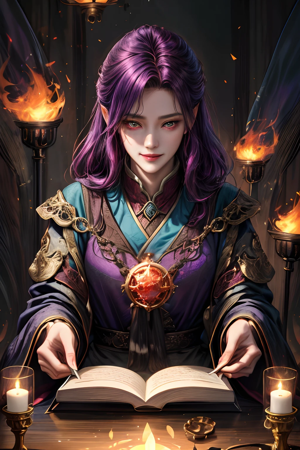 (absurderes,intricately details,tmasterpiece,best qualtiy,A high resolution,8K),1 female,emaciated,mature,senility,Wrinkles,finely detailed eyes and face,Maroon French shear,Ruby eyes,(style-swirlmagic:0.8),sportrait,looking at viewert,独奏,The upper part of the body,detailedbackground,详细的脸,(V0id3nergy,void theme:1.1)evil sorcerer,Tattered colored magic robes,(grin:0.8),Purple color scheme,Deep scarlet light,Glowing magic runes,evil book,dark ambiance,shadowing,realistic illumination,particles floating,ember,surrounded with fire,summoning,(thick melting candles:0.8),blue arcane symbols,corrupted by eldritch power,Eyes hungry for strength,cogpunkai,cogpunk,depth of fields,vfx。in the background, (A huge gossip furnace is bubbling fairy air:1.5)