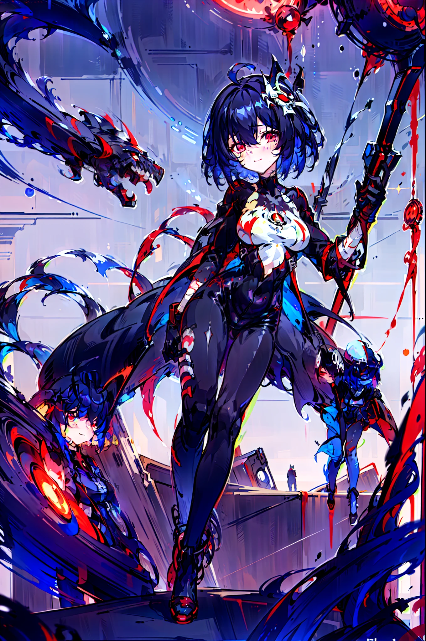 long eyelasher, solid circle eyes, Light smile, Ear blush, Red eyes, Tears, Empty eyes, Dark blue hair, hair between eye, Short hair, huge ahoge, Mad eyes, bandage on, bandage over one eye, expressionless eyes, Crazy smile, Sad smile, Evil smile, crazy, jitome, shaded, Yandere, chin grab, disdain, Evil, Crazy smile, Colored inner hair, Blue hair, Dark blue hair, surrealism, shadowing, anaglyph, stereograms, tachi-e, angle of view, Atmospheric perspective, Chiaroscuro, Cinematic lighting, 8K, Super detail, ccurate, Best quality, hyper HD, retinas, Masterpiece, Textured skin, Award-Awarded, A high resolution, Best quality, Super detail, best qualtiy, 8K, digitial painting, 1girll, 独奏, standing on your feet, hair adornments, Red eyes, , blood stain, mechanicalparts, electrical wires, electric cables, Failure effect, terroral, sci-fy, A futuristic, background inside dark, neonlight, cyber punk perssonage, hyper realisitc, eerie, unnerving, spine-chilling, terroral, onesie,Red eyes,Venom possession,Blackened,long black gloves,Jumpsuits,Skinny one-piece latex clothing,Highlight her gorgeous figure,Wrap the whole body,symbiote,((Raised sexy)),Black latex clothing,Blood-red eyes,Best quality, high resolution, Ultra-detailed, Vivid texture, Mask, Skinny one-piece latex clothing, bangs,Purple hair,Wear socks,Tears,anklet,washes,Blackened,Wrapped in black slime,A sad expression,Say goodbye to the gaze,Red coat,bleed,,There are wounds all over the body,The legs were covered with bandages,The legs were covered with bandages,The whole body is covered with bandages,Anime girl in red cape