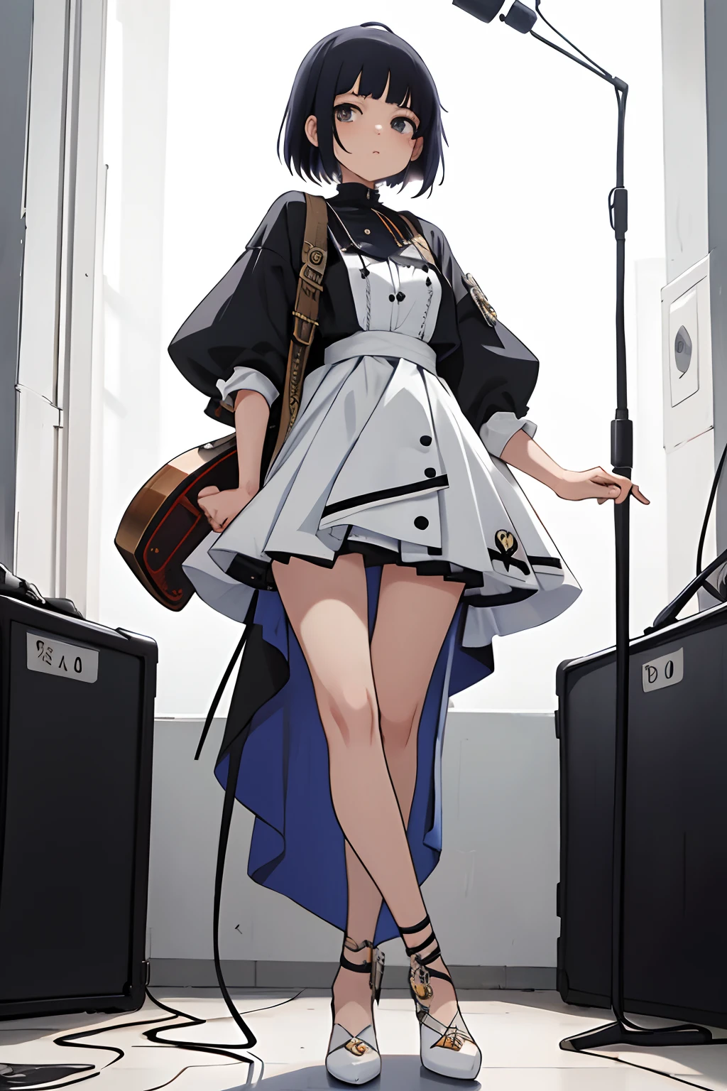 Personagem estilo anime feminina de cabelos pretos presos, carregando uma guitarra meio machado nas costas, standing on her feet, com um visual meio bad girl em um fundo branco