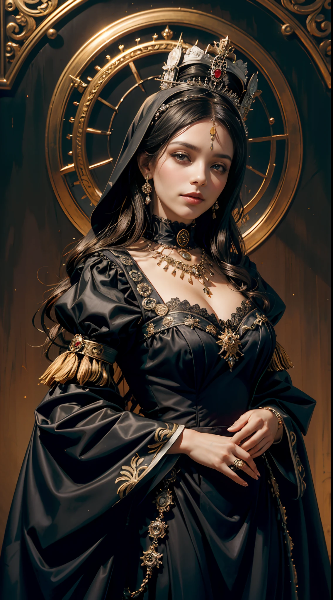 ((corpo inteiro)), (obra-prima, melhor qualidade, realista: 1.37), (intrincado e delicado, pele e rosto altamente detalhados), (fundo preto), (CatrinaMakeUp), ((colorido)), 1 girl, Beautiful Queen in Suite Black Dress, envolvendo em luxuosos vestes escuras com capuz, Dark roses and skull adorn her cloth, (a large golden halo over his head), (tiara de rosas de metal negro), olhos azuis, (simbolismo religioso), (inspirado em Santa Maria, Rainha das Caveiras, La Catrina, e Rainha dos Mortos, Lavi Zupa), ((virgem maria, rainha esqueleto de santo, La Catrina)), ( Foto realismo), fundo escuro, cinematic soft lighting, alto contraste, tema escuro, papel de parede GC 8k, octane render, unreal engine, arte digital.