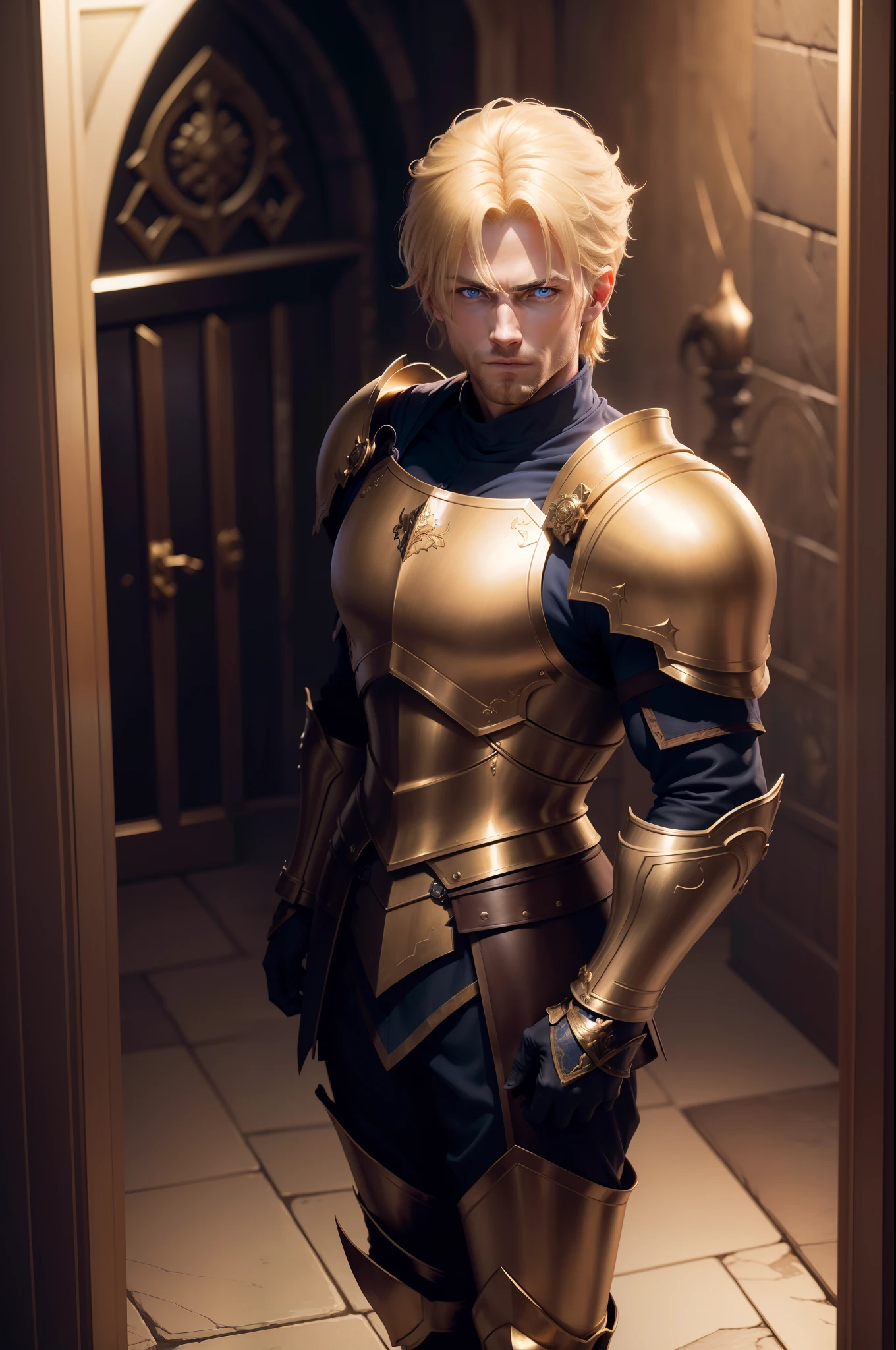 ultra realistic 8k image of a blond man, short hair, ultra detailed blue eyes, 30 years old, tall and strong, dressed in dark RPG warrior outfits and with golden shoulder pads, murderous expression, standing in a dark and spacious hall similar to a dungeon, devilish smile