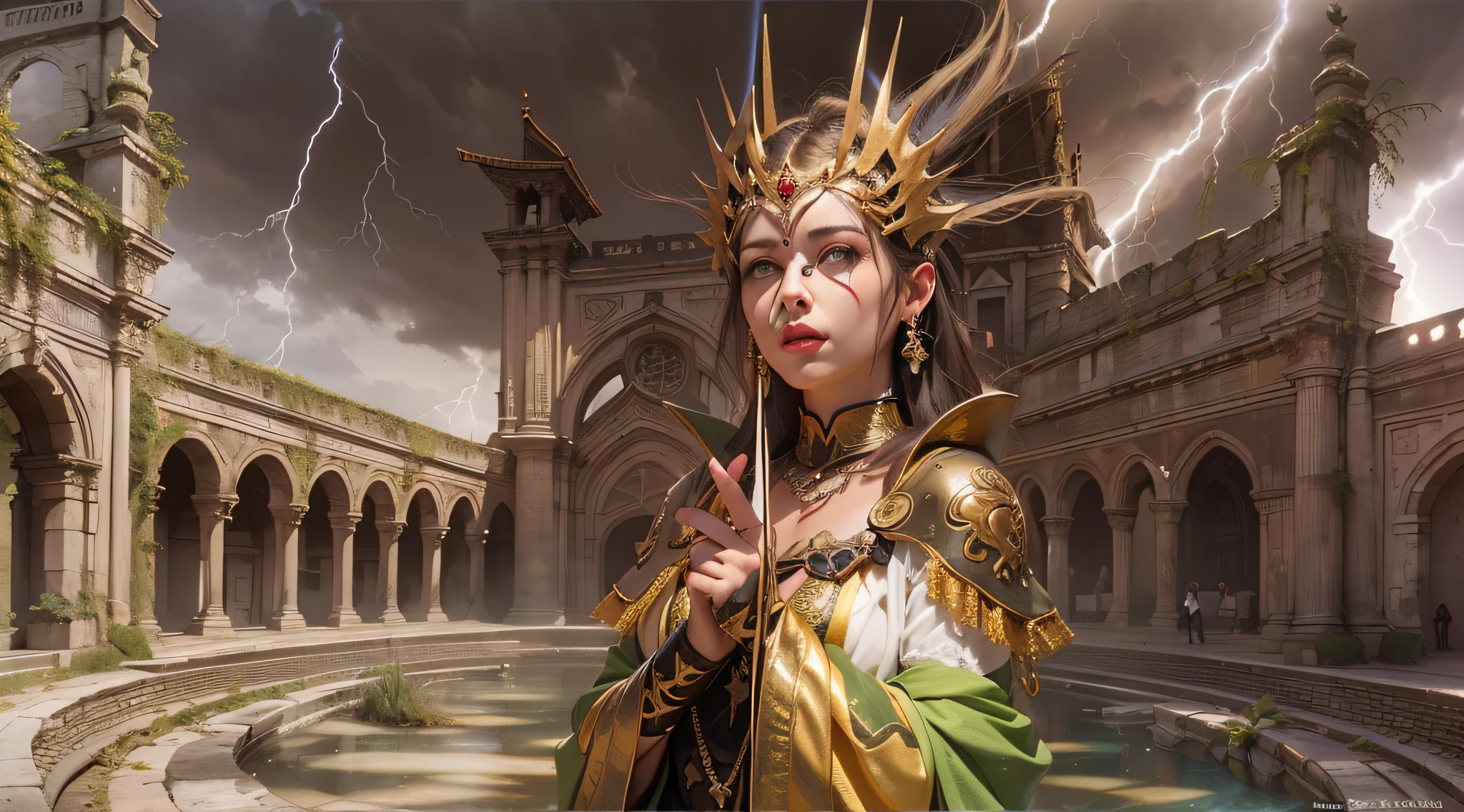 (Numerous award-winning masterpieces, With incredible detail, textures and maximum detail), (hyper realistic:1.4), (Realistic:1.3), (melhor qualidade de pele textura real), (finely detailed true circle Symmetrical eyes), Rosto finamente detalhado, ((mundo medieval)), ((The Lord's Thunder Devil)), ((The Lord's Lightning Demon)), (Queime o olhar dourado brilhante no olho), (Ela tem um sorriso travesso no rosto), (Olhos que brilham ouro no escuro:1.5), (Um par de olhos dourados com forte luz dourada emitindo de dentro:1.5), bio-luminescence, (Full body standing image:1.5), (gives full body standing image:1.4), (Lightning and strong wind swirling in the background), (dramatic light), (A majestic sight), (His countenance is gentle and handsome, mas de alguma forma aterrorizante), Brincos de vidro nas orelhas, (dramatic photo:1.4), (pose sedutora), ((dramatic pose)), (foto extravagante), (cabelos dourados), (cabelos prateados), (cabelo castanho), cabelo de corte curto, ((procura para cima)), ((olhando para baixo)), (Around her neck is a simple necklace of exquisite finish), (Bioluminescence with a bright glow:1.1), (Use flashy lightning magic:1.4), (thunder and lightning), O Grande Templo do Diabo, The Great Devil's Sanctuary, Grande Templo, grande catedral, temple ruins, templo destacado, (Luminous magic circle), Ruins of an ancient castle, Masses of bright majestic clouds and sky, Raio, epic realistic, desbotado, arte, (Greg Rutkowski:0.8), (teal and orange:0.4), (Artee Station:1.5), cinemactic, ((Cores Neutras)), (HDR:1.5), (cores silenciadas:1.2), hiper detalhado, dramatic light, (detalhes intrincados:1.1), Antecedentes complexos,