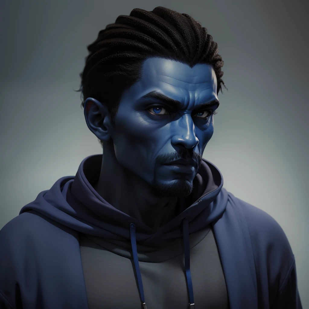 A creature with the appearance of a man with dark blue skin color, vestindo um moletom cinza