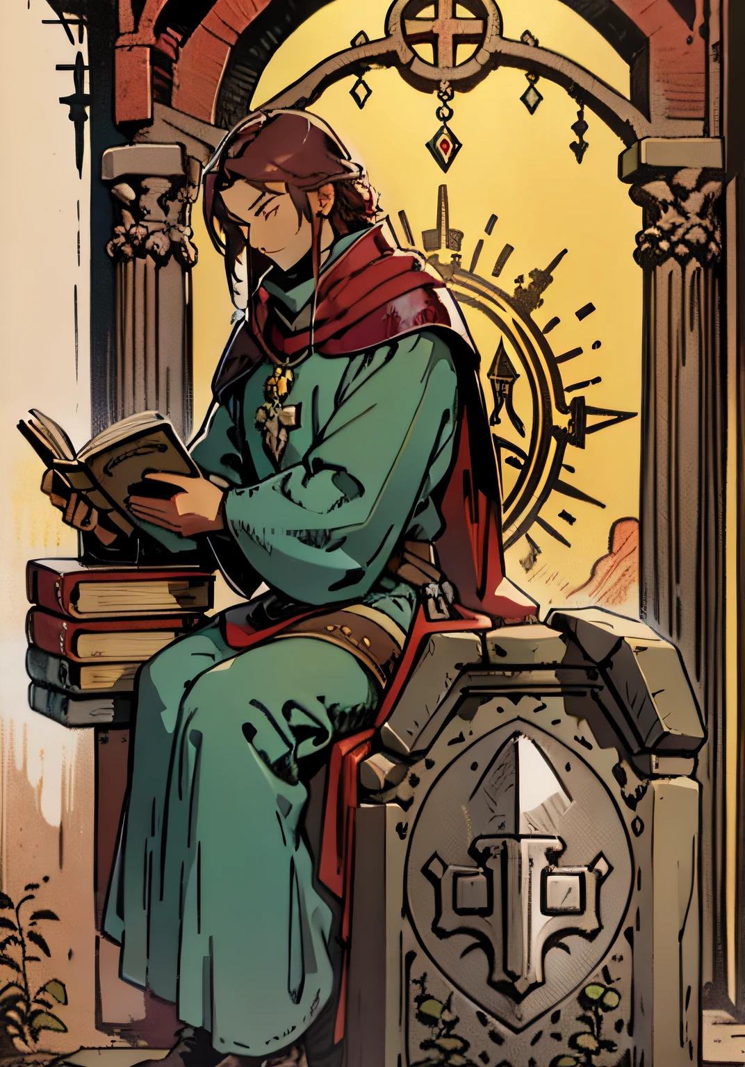 Medieval fantasy book illustration, object on the right, runestone, no registrations, cinza, burgundy gemstone