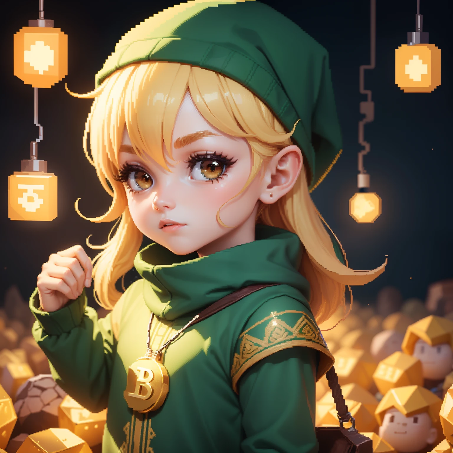 Criar duende pixel ART,com pote de Bitcoin,ouro bitcoin.a noite,luz da lua