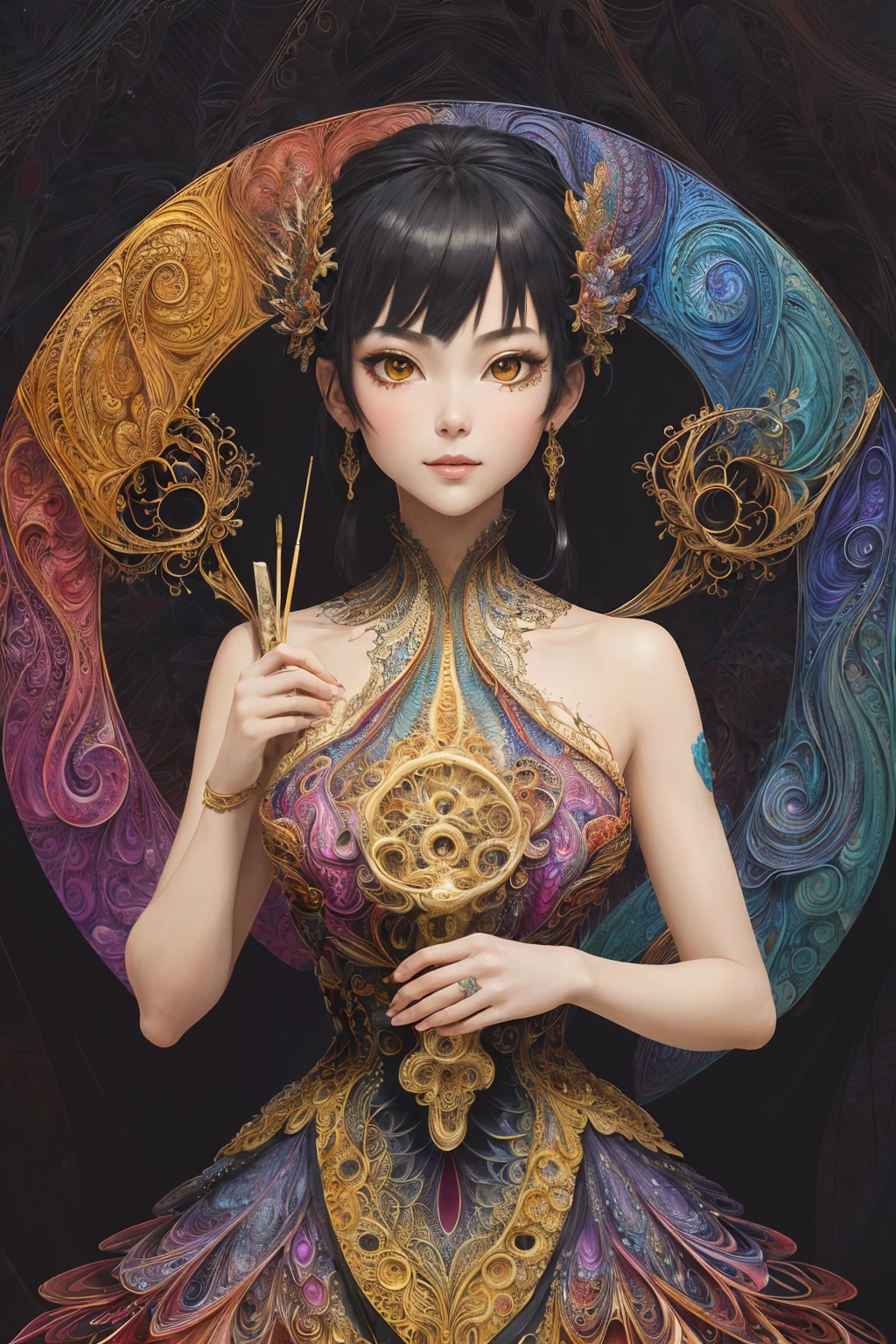(masterpiece, top quality, best quality, official art, beautiful and aesthetic:1.2), (1girl:1.3), extremely detailed,(fractal art:1.2),colorful,highest detailed,(zentangle:1.2), (dynamic pose), (abstract background:1.5), (treditional dress:1.2), (shiny skin), (many colors:1.4), upper body, masterpiece, best quality,high quality,highres, 16K,RAW,ultra highres,ultra details,finely detail,an extremely delicate and beautiful,extremely detailed,real shadow, anime,highly detailed painted,award winning glamour paintting,wonderful paintting,art style,stylized,