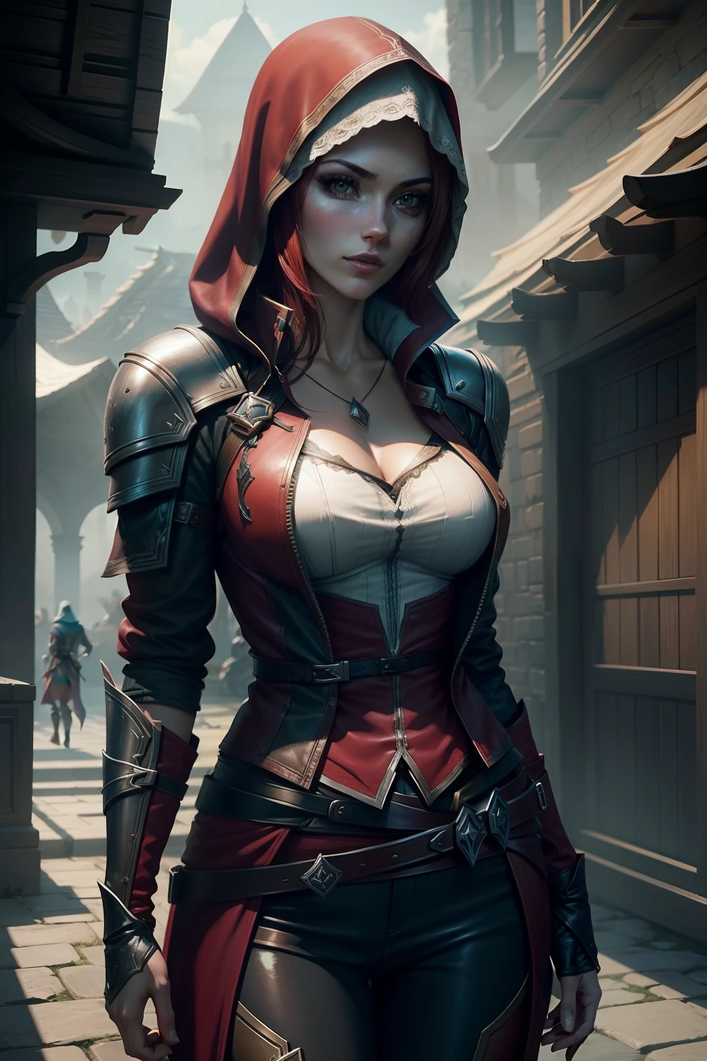Katarina, do League of Legends, detalhado no universo do Assassin's Creed, com o tema do universo do Assassin's Creed, Background inspired by Assassin's Creed themed details.